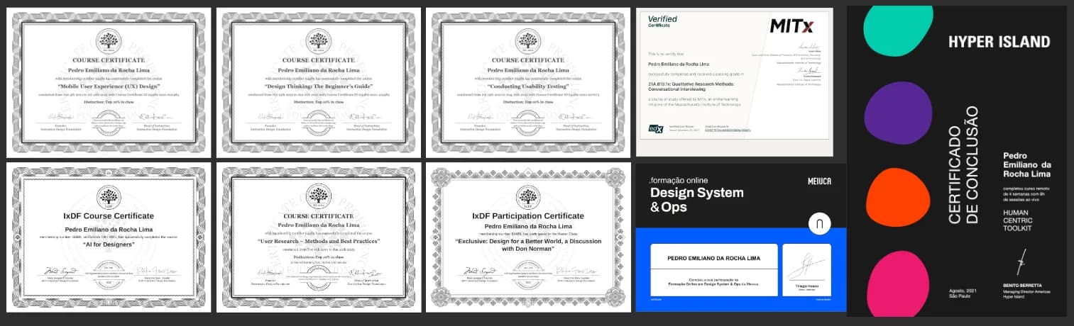 Composição visual de certificados profissionais de Pedro Lima
