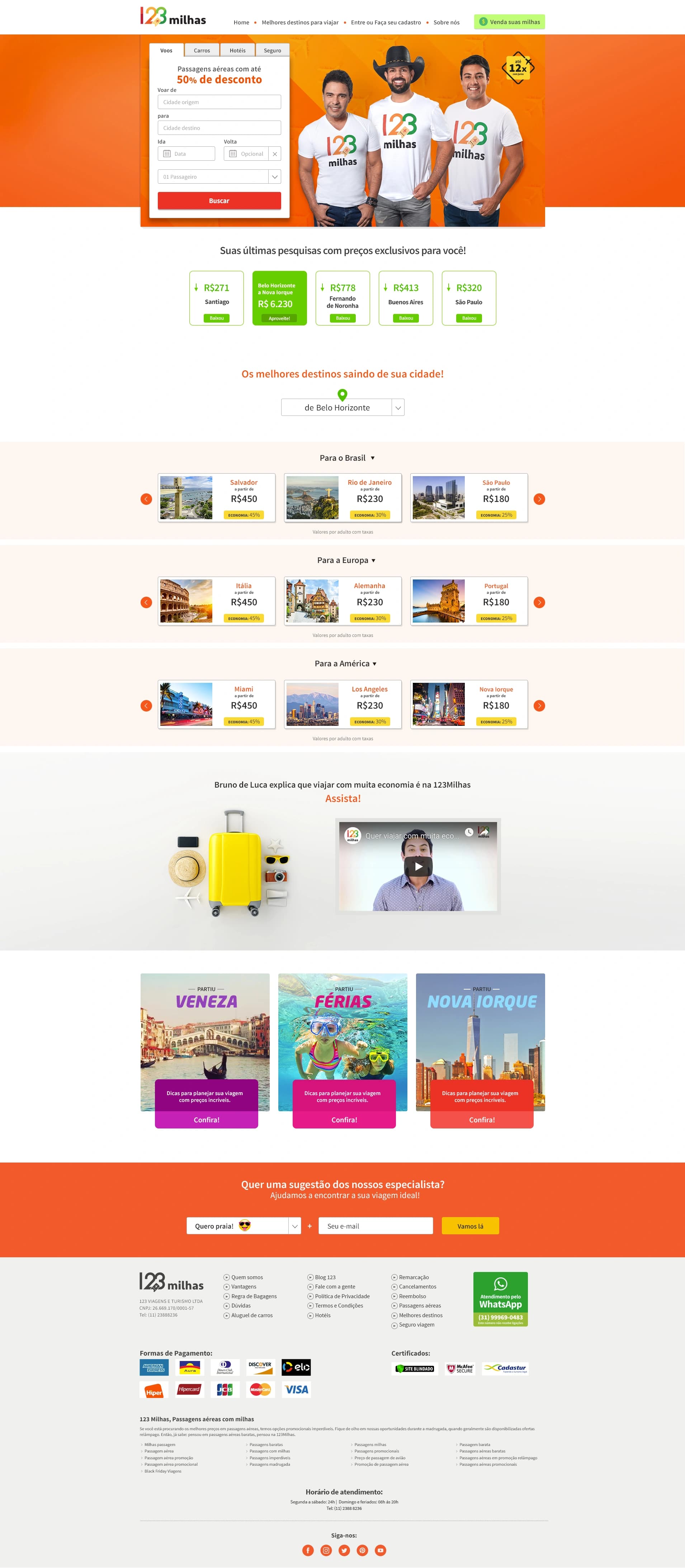 Nova Home da 123milhas com painel de variação de preços de voos e cards de experiências (imagem 1 de 11).