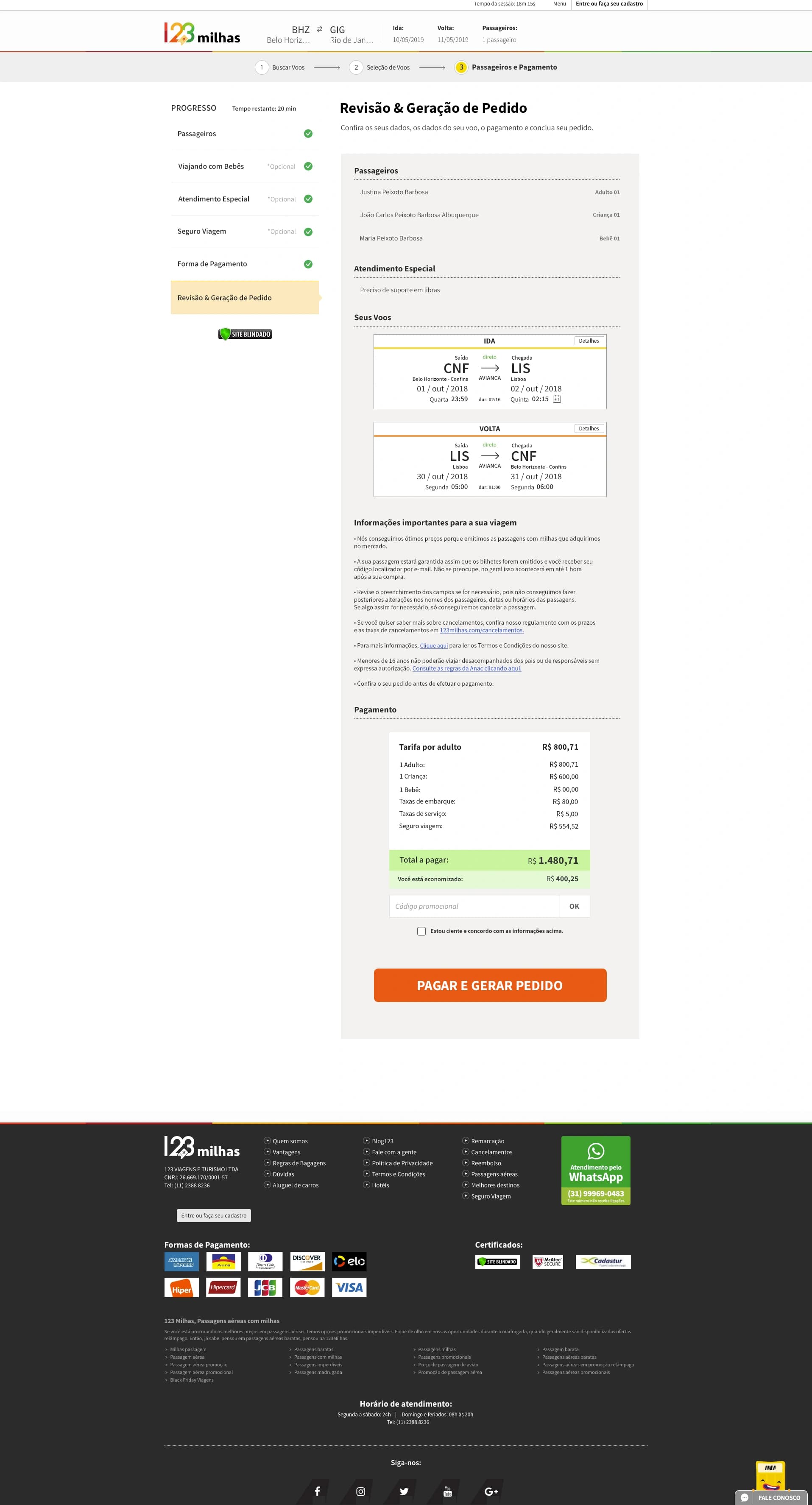 Evolução das etapas do checkout da 123milhas (imagem 7 de 11).