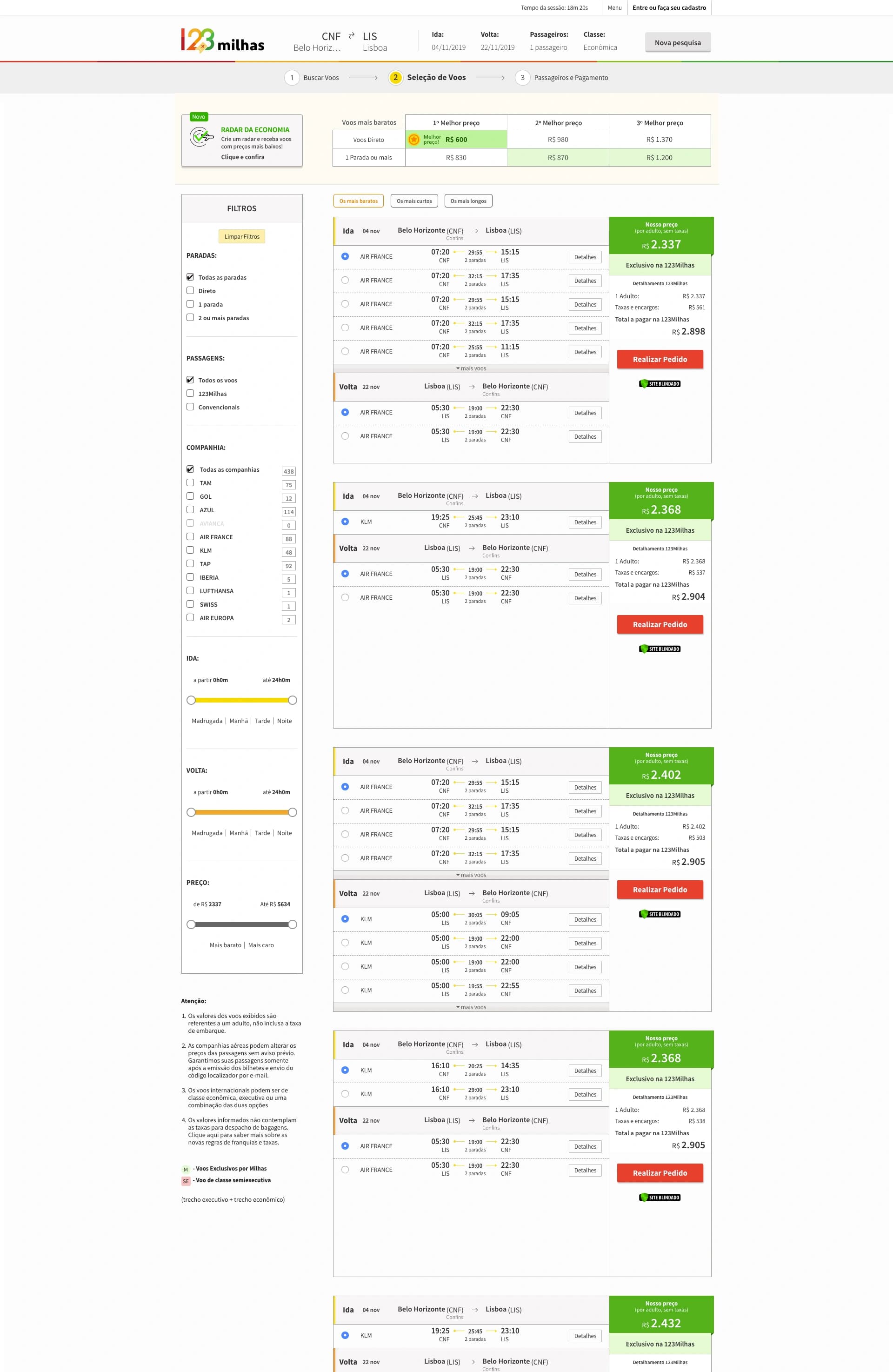 Segunda versão do e-commerce da 123milhas — seleção de voos (imagem 5 de 8).