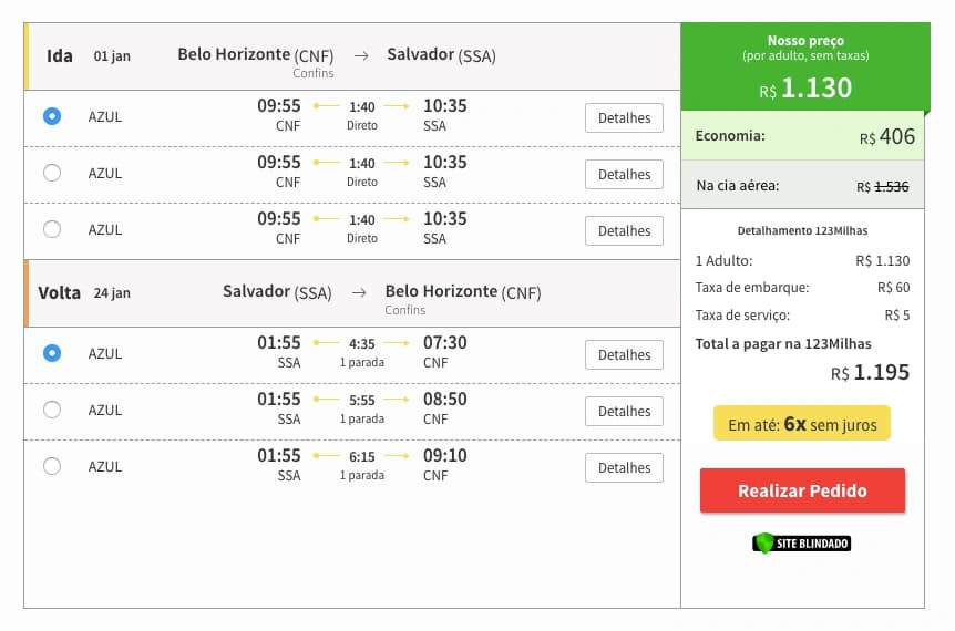 Detalhe do card de voos do e-commerce 123milhas (imagem 6 de 8).