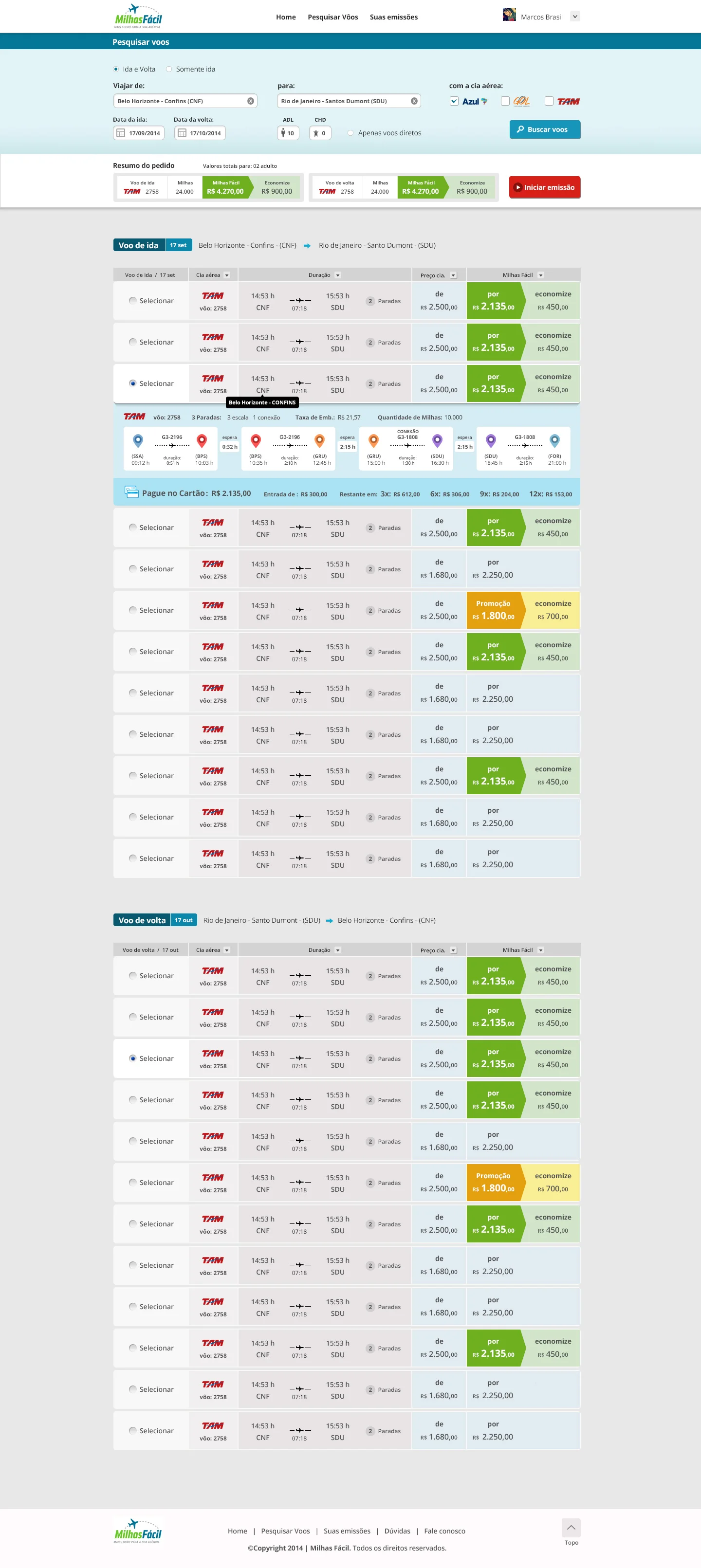 Tela de resultados de busca do Busca Fácil com o novo card de voo aplicado, exibindo os detalhes expandidos de um voo selecionado.