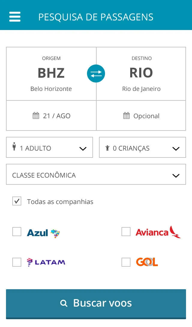 Tela de busca de passagens em versão mobile, com campos de origem, destino, datas, passageiros e seleção de companhias aéreas.