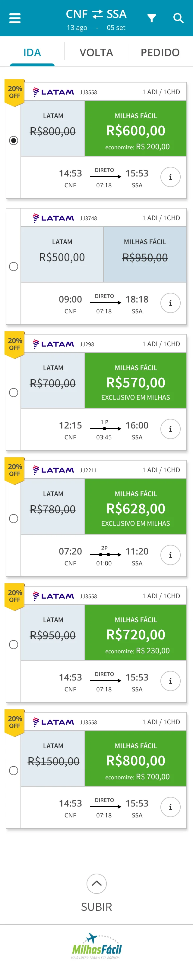 Tela de resultados de busca em versão mobile, com cards de voo exibindo preços com desconto e horários.