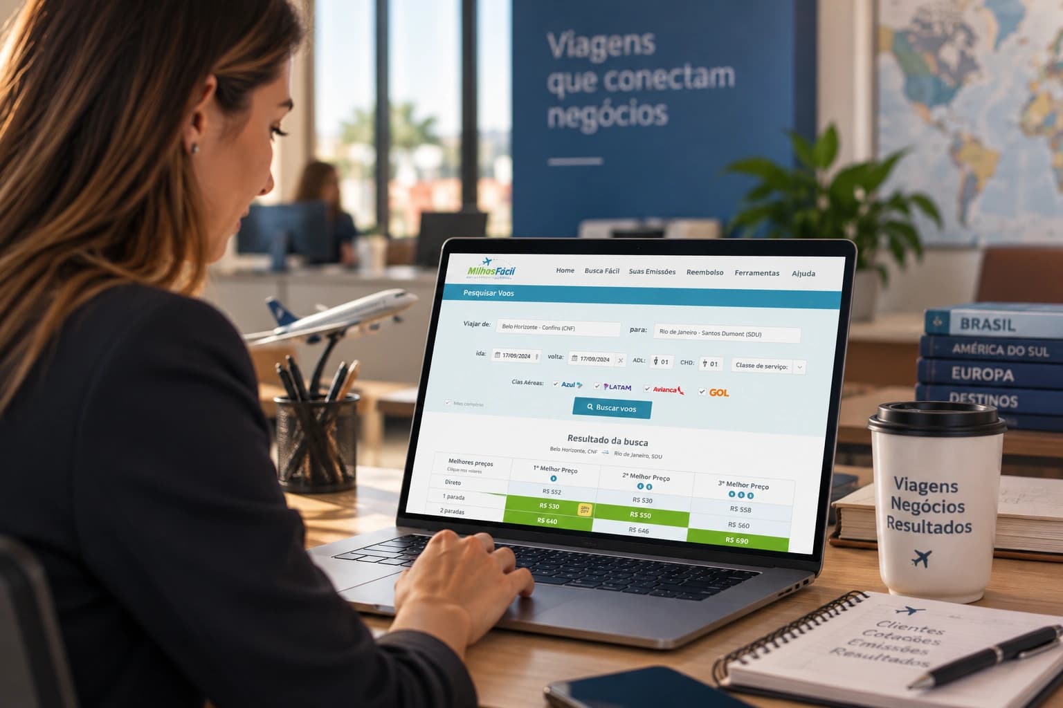 Profissional de agência de viagens utilizando sistema de busca e cotação de passagens aéreas.