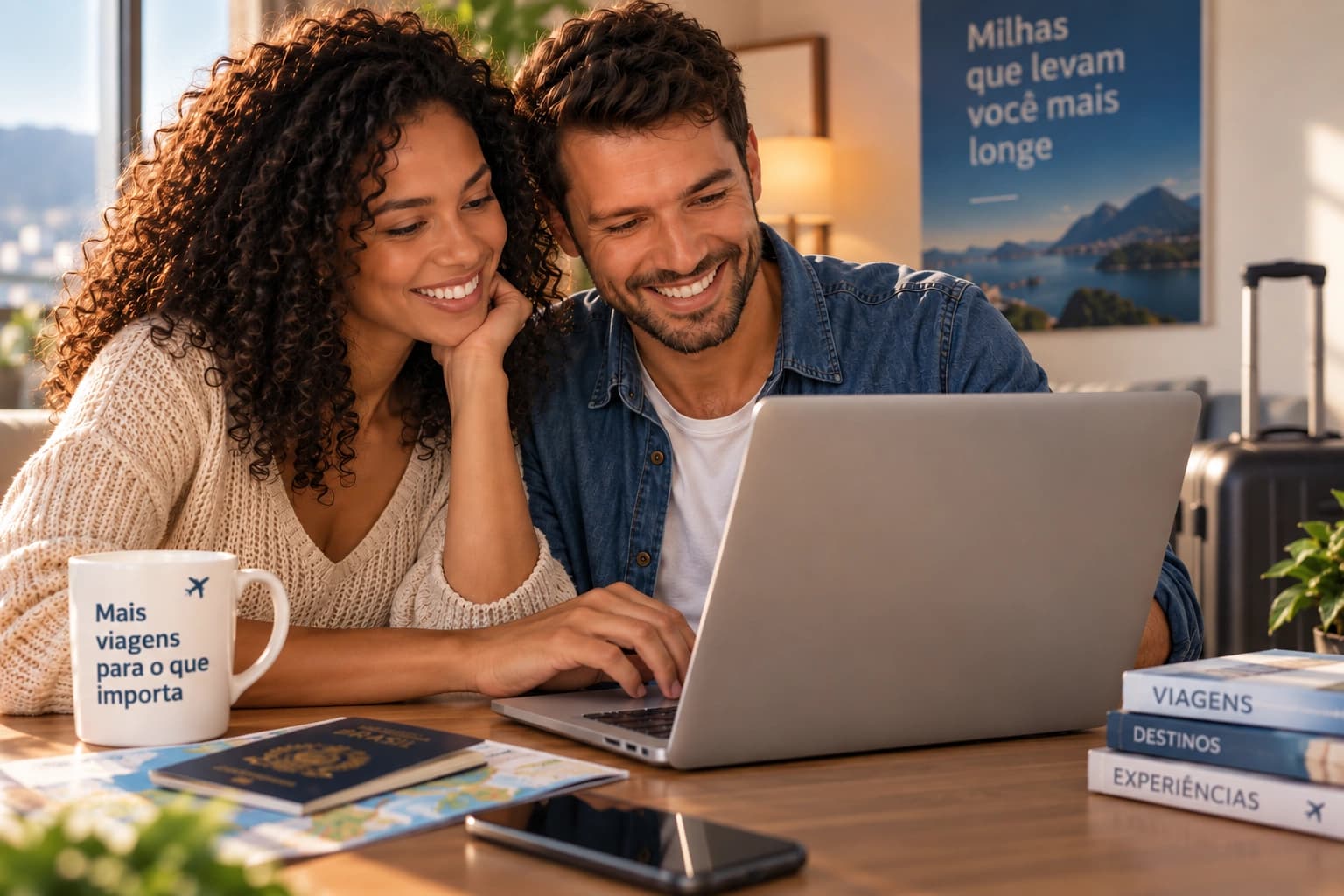 Casal utilizando notebook para cotação e venda de milhas.