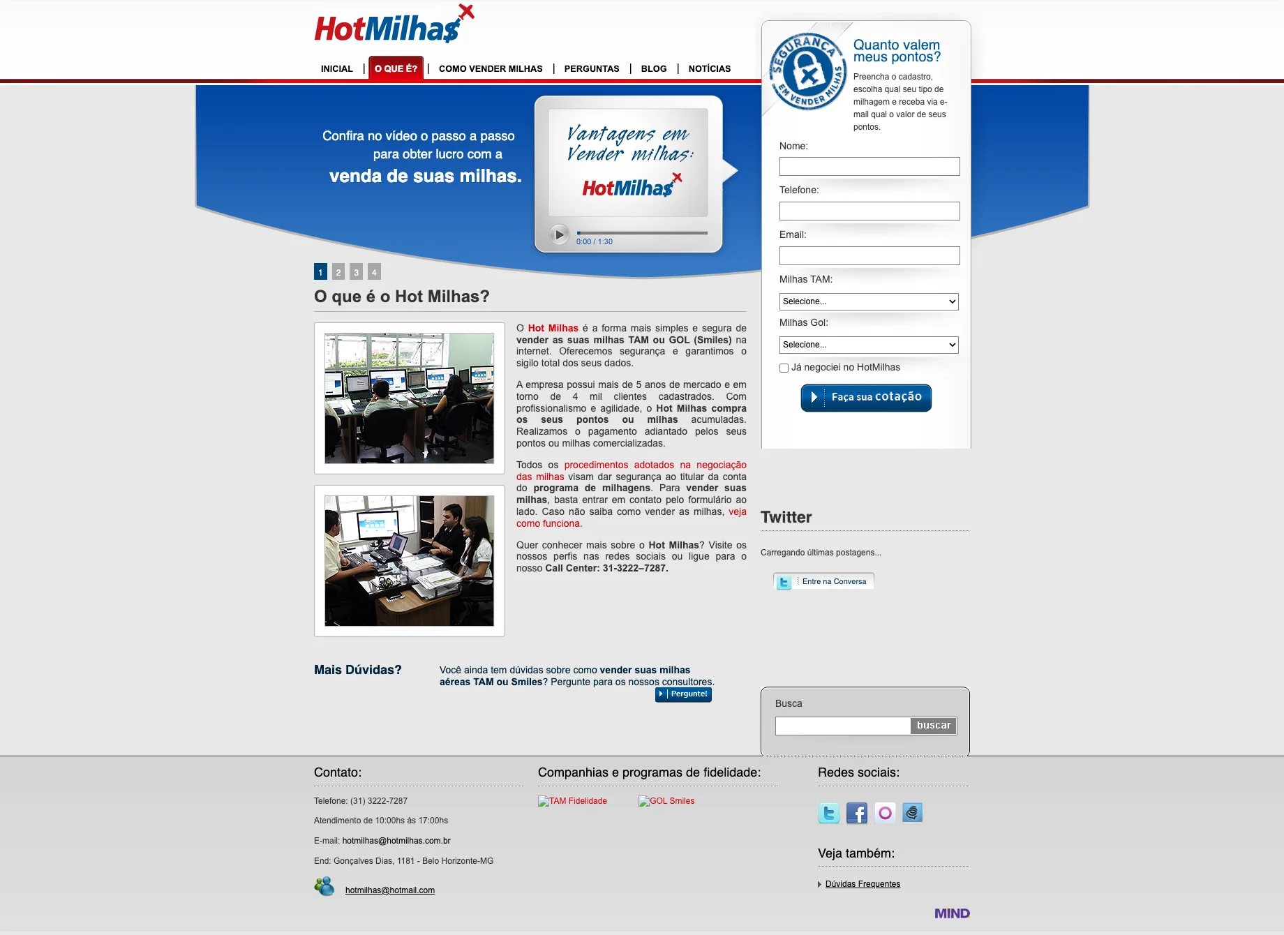 Primeira versão do site da Hot Milhas (2011), com formulário de cotação e texto explicativo sobre o serviço.