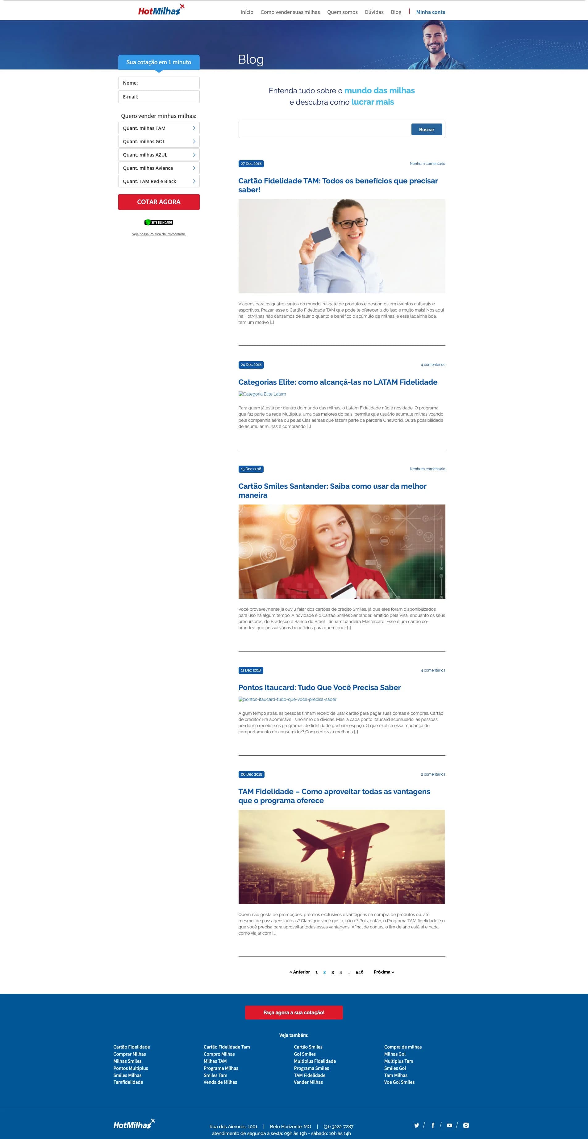 Página de blog da terceira versão do site (2019), com listagem de artigos sobre milhas e fidelidade.