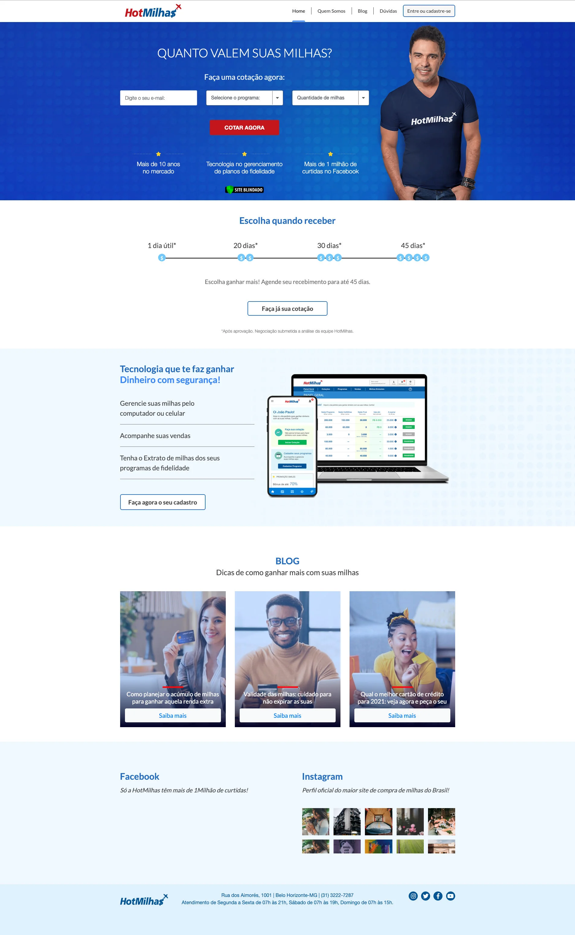 Quarta versão do site (2021), com formulário de cotação e destaque para o sistema de gerenciamento de milhas.