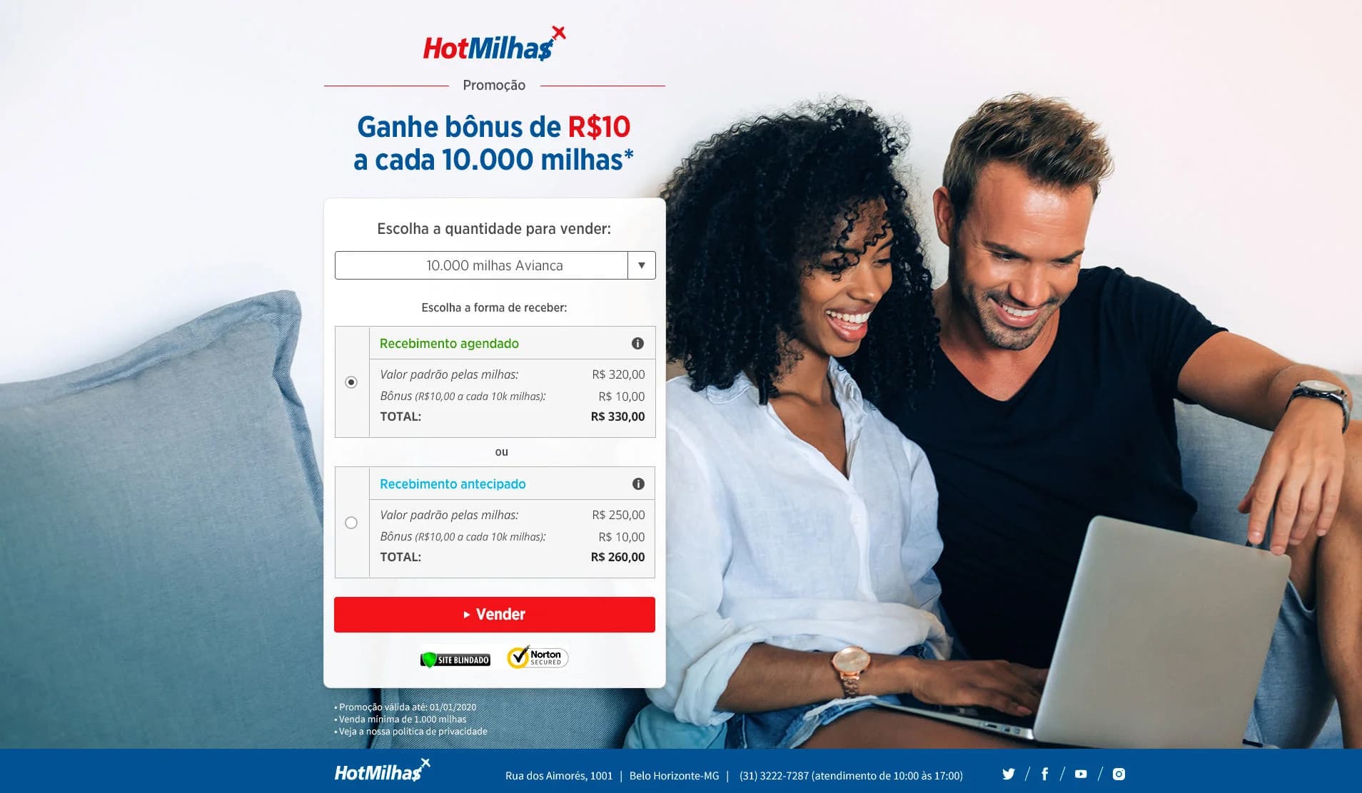 Landing page de campanha de marketing em versão desktop, com comparação entre recebimento agendado e antecipado.