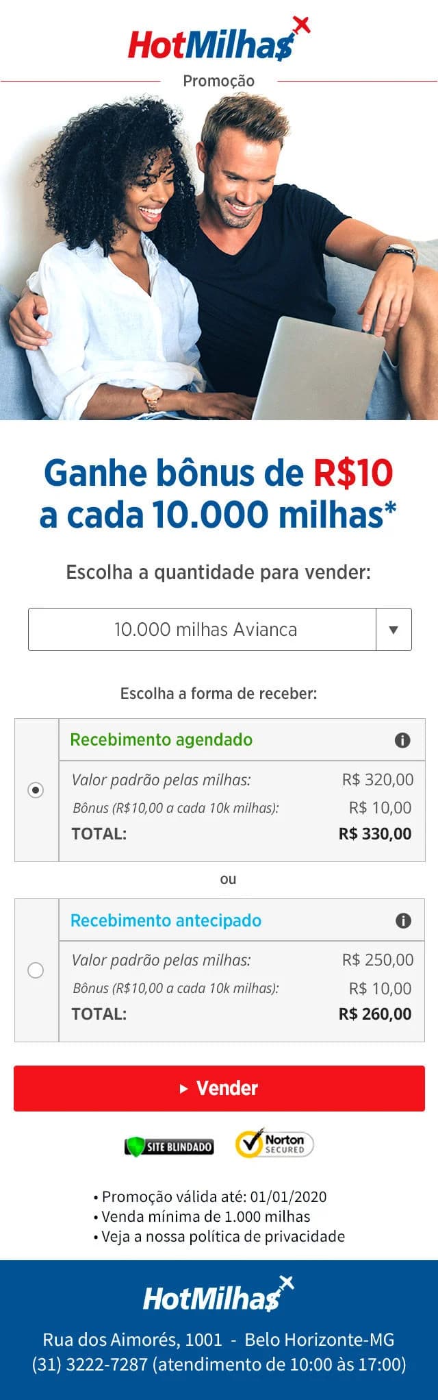 Versão mobile da landing page de campanha de marketing, com comparação entre recebimento agendado e antecipado.