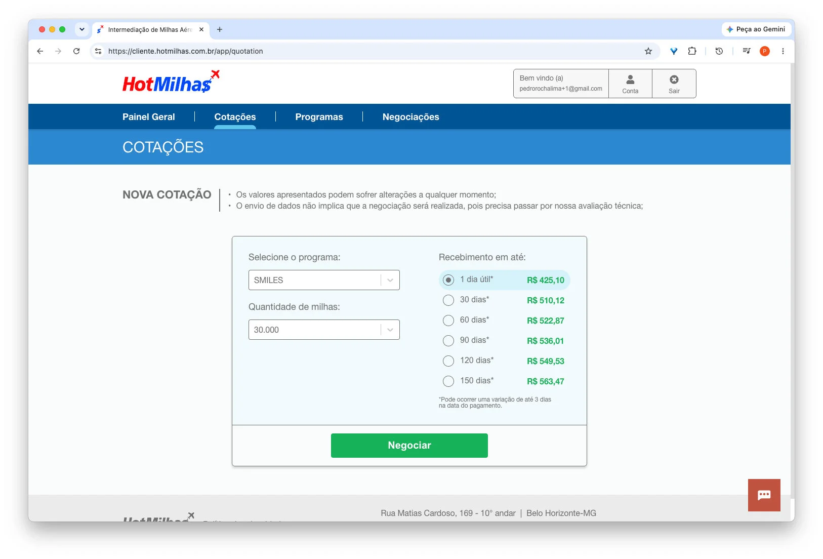 Tela de nova cotação do sistema de gerenciamento, com as opções de prazo e valor de recebimento.