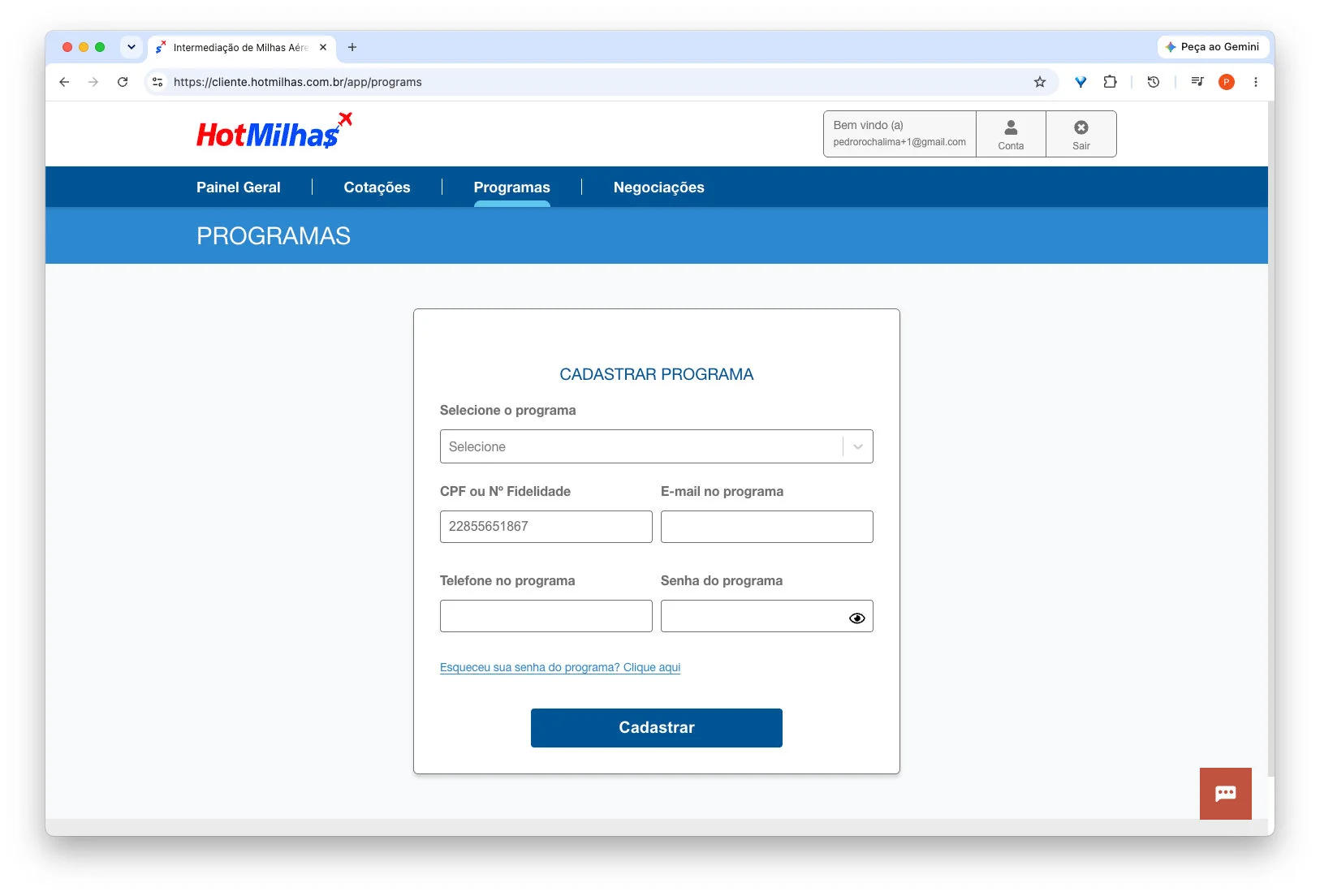 Tela de cadastro de programa de fidelidade do sistema de gerenciamento.
