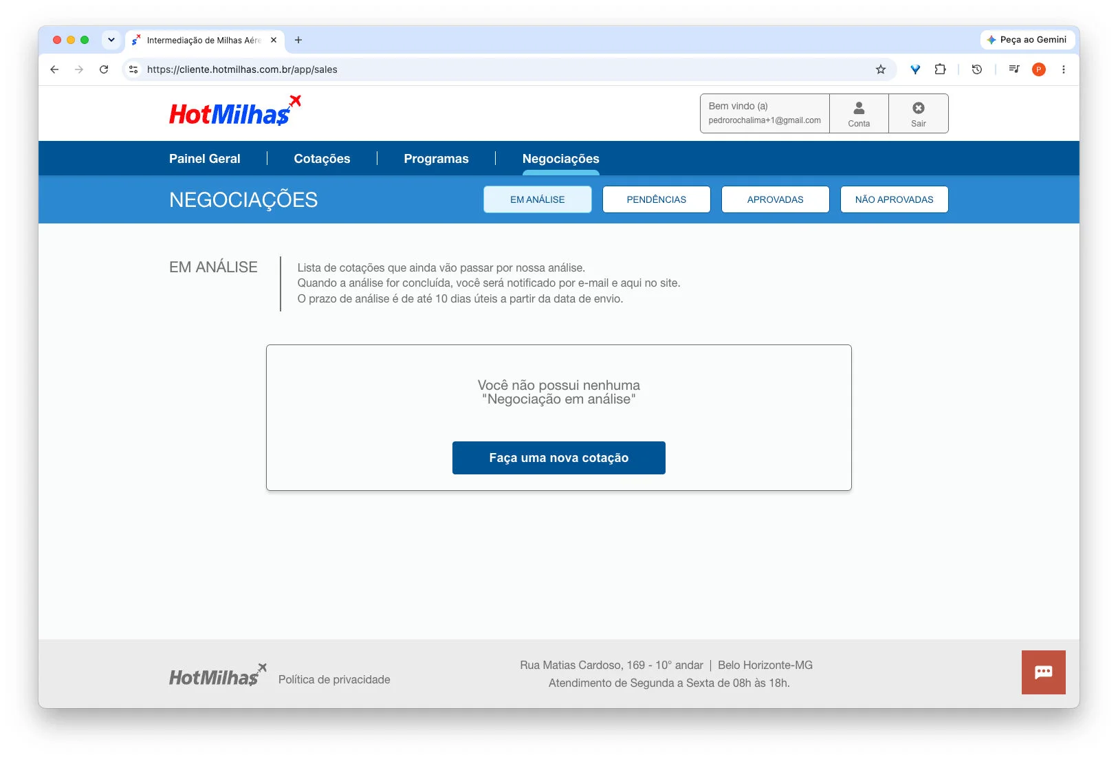 Tela de negociações do sistema de gerenciamento, na aba "Em análise".
