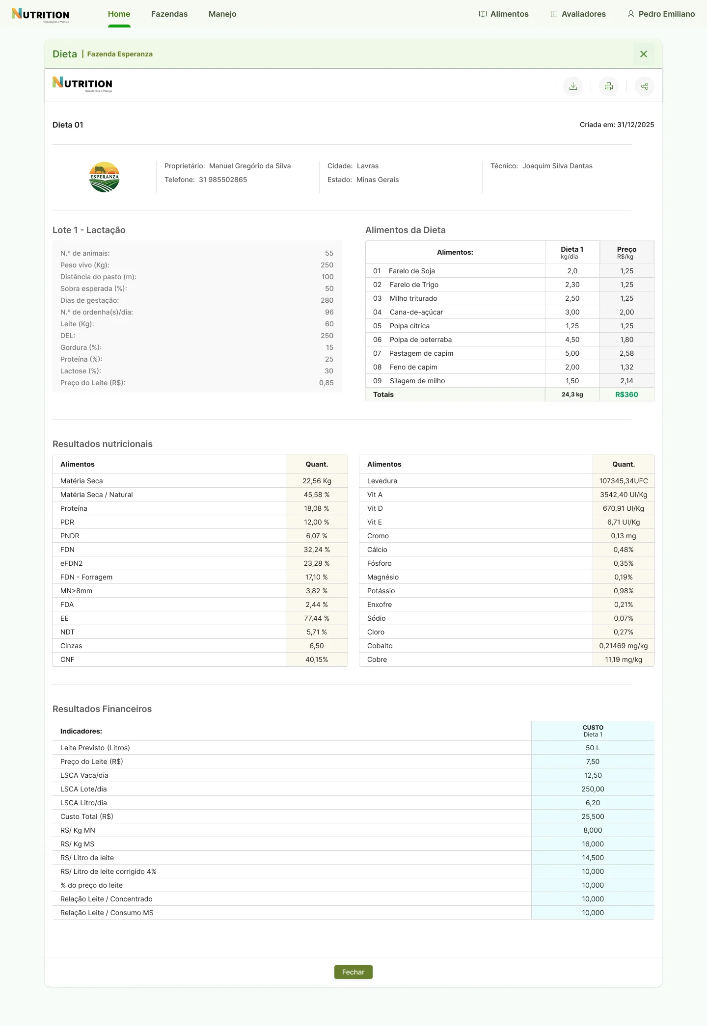 Relatório de uma dieta, com dados da fazenda e do lote, alimentos da dieta, resultados nutricionais e resultados financeiros.