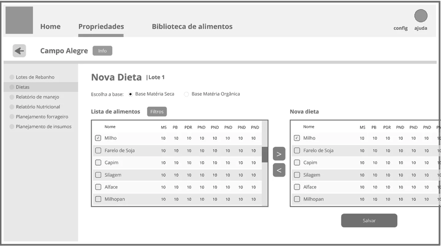 Wireframe em tons de cinza da tela Nova Dieta, com opção de base de cálculo e duas tabelas de alimentos lado a lado, ligadas por botões de mover, e botão Salvar.
