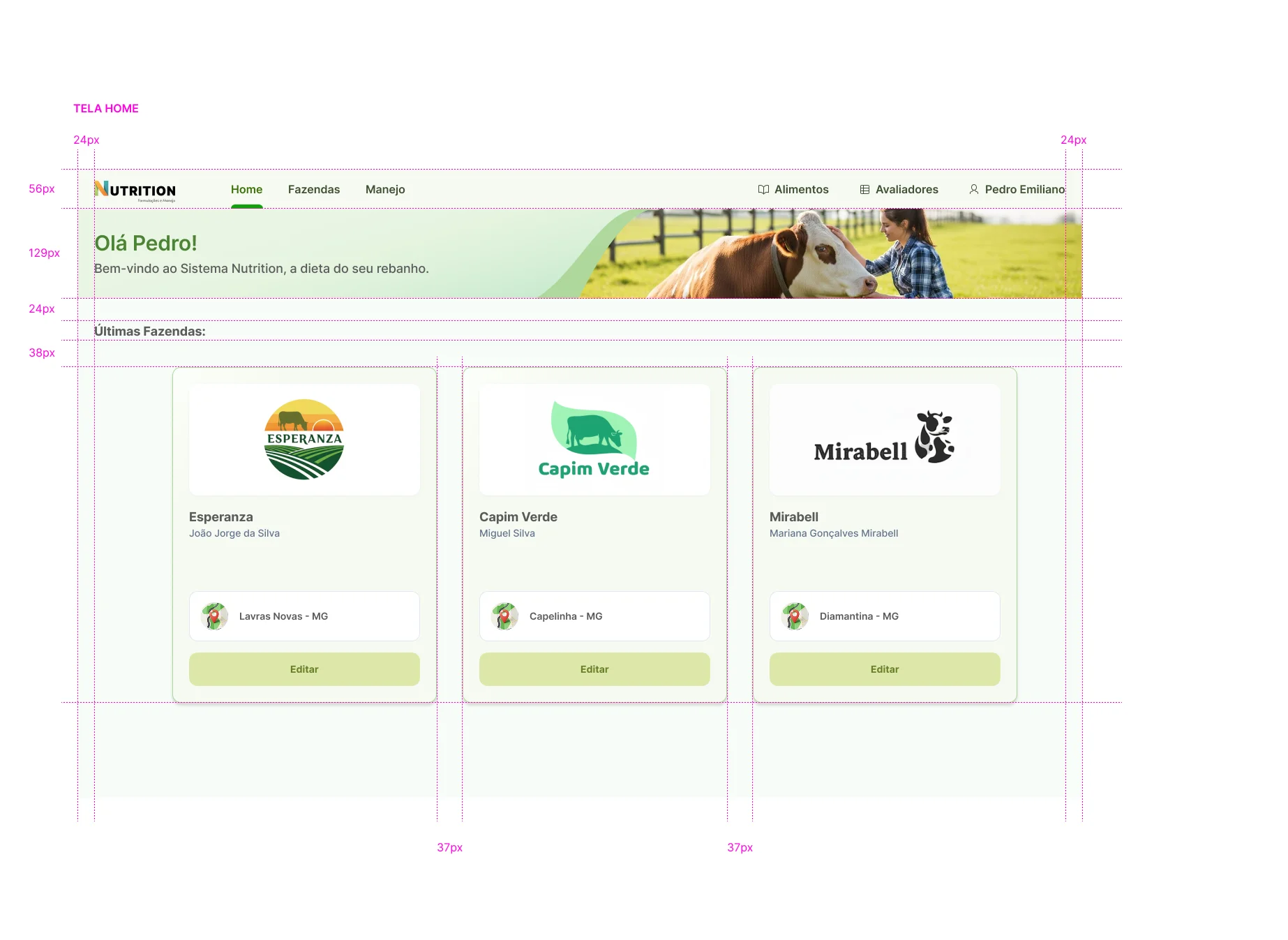 Tela Home do Nutrition com linhas guia e medidas de espaçamento em pixels entre o menu, o banner, o título e os cartões de fazendas.
