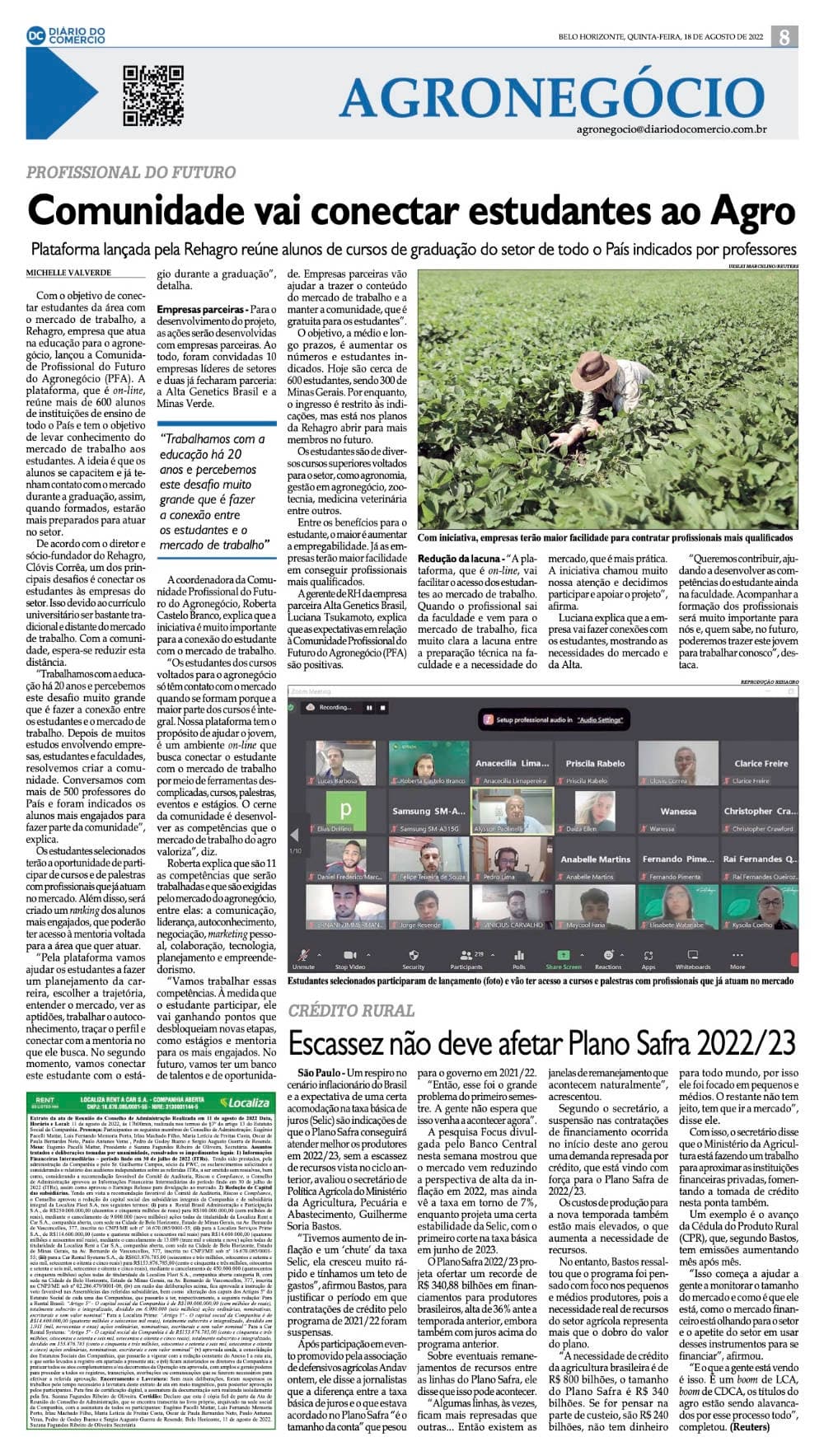 Reportagem do jornal Diário do Comércio sobre o lançamento da Comunidade Profissional do Futuro do Agronegócio pela Rehagro.