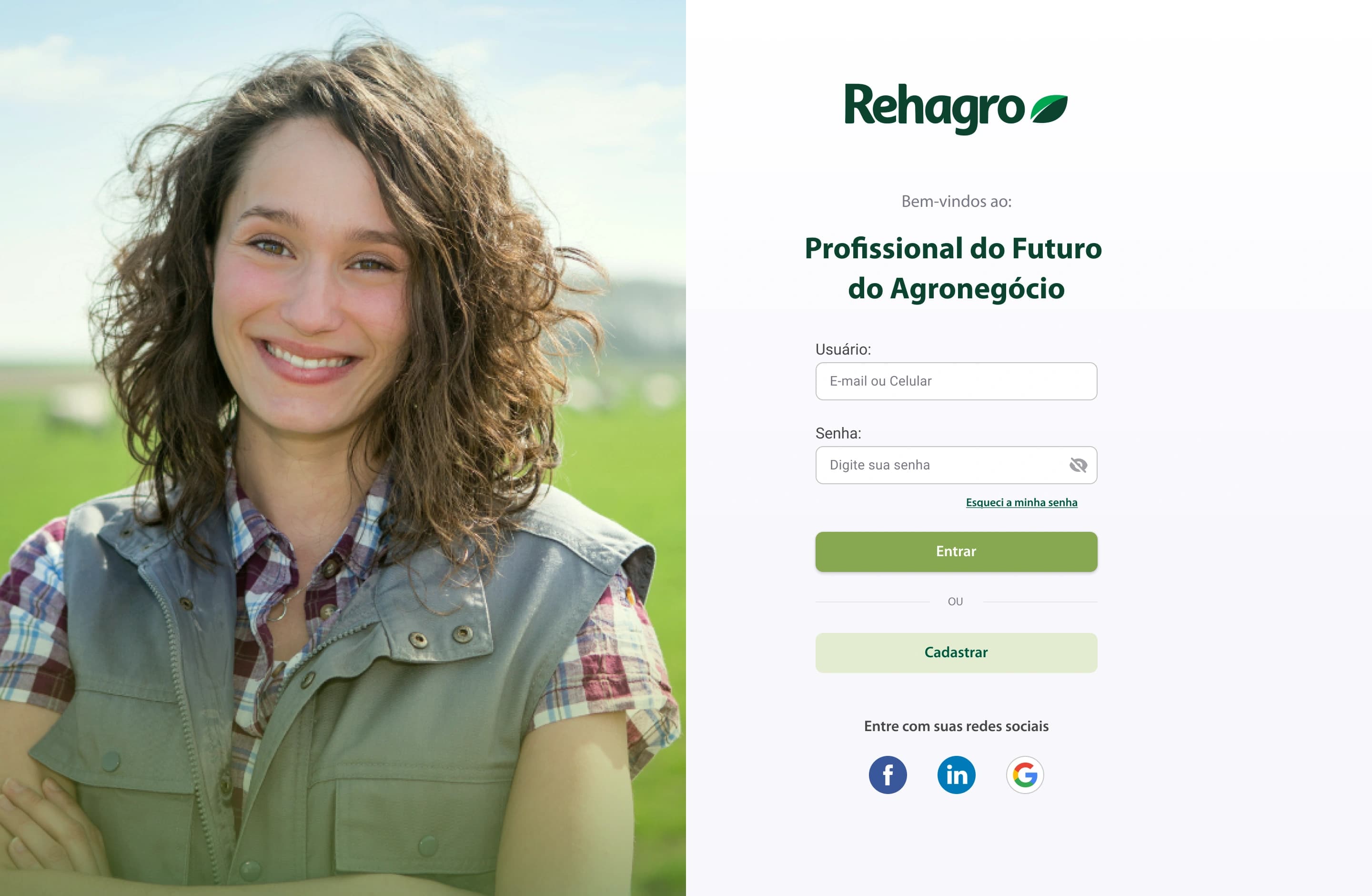 Tela de login e cadastro da plataforma PFA, com foto de uma produtora rural ao lado do formulário de acesso.