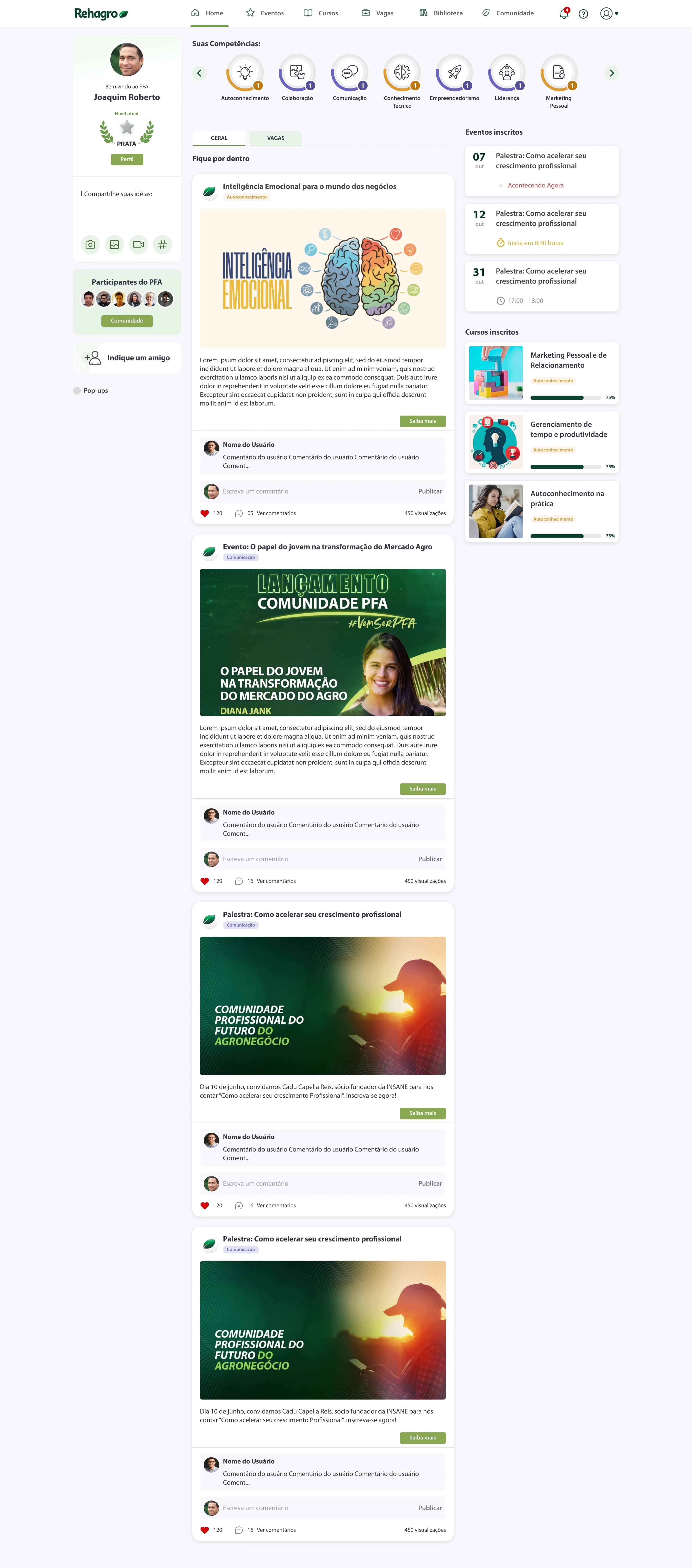 Tela inicial do aluno na plataforma PFA, com competências, feed de conteúdos, eventos e cursos inscritos.
