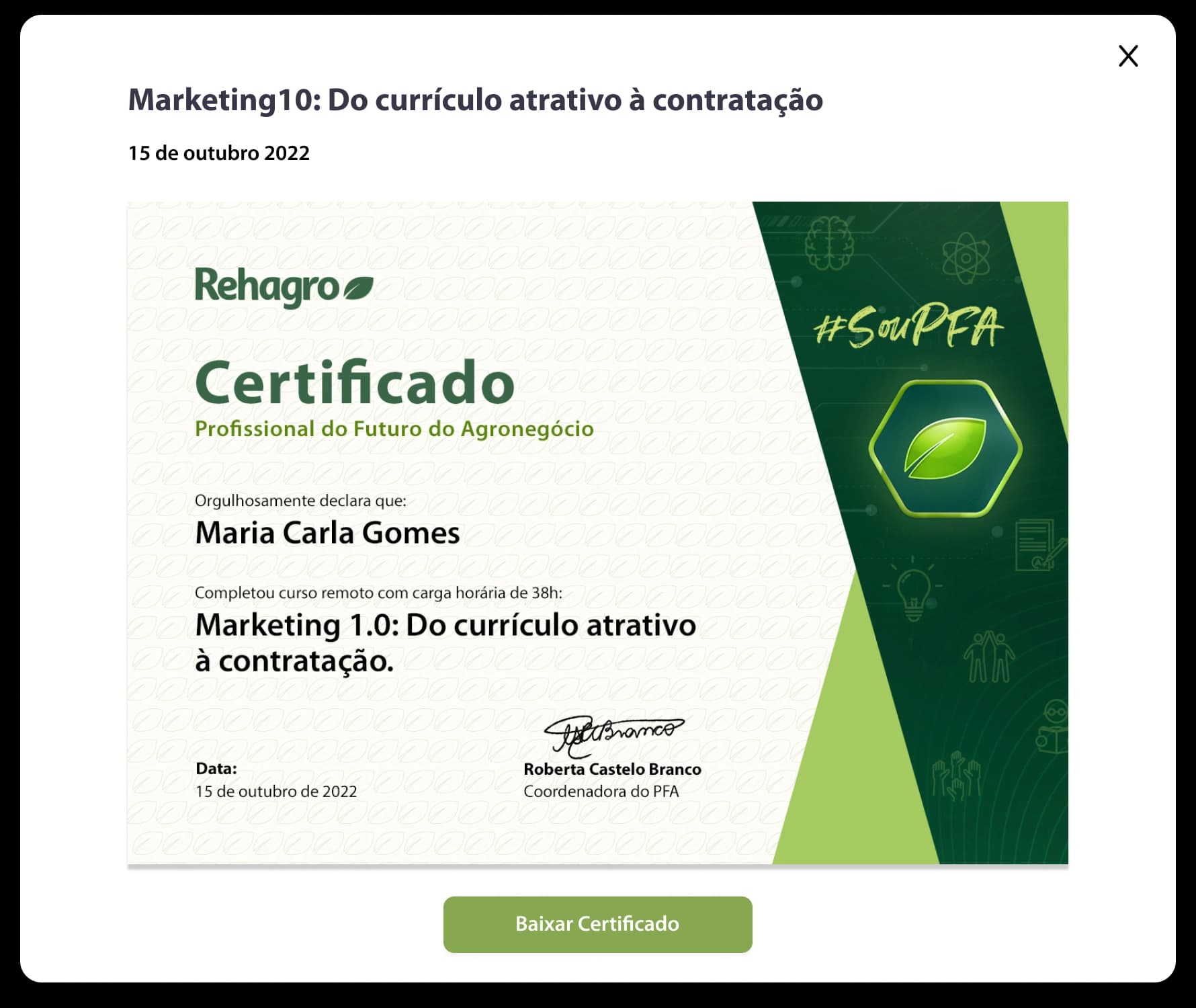 Modal de certificado de conclusão de curso, com opção para baixar o certificado.