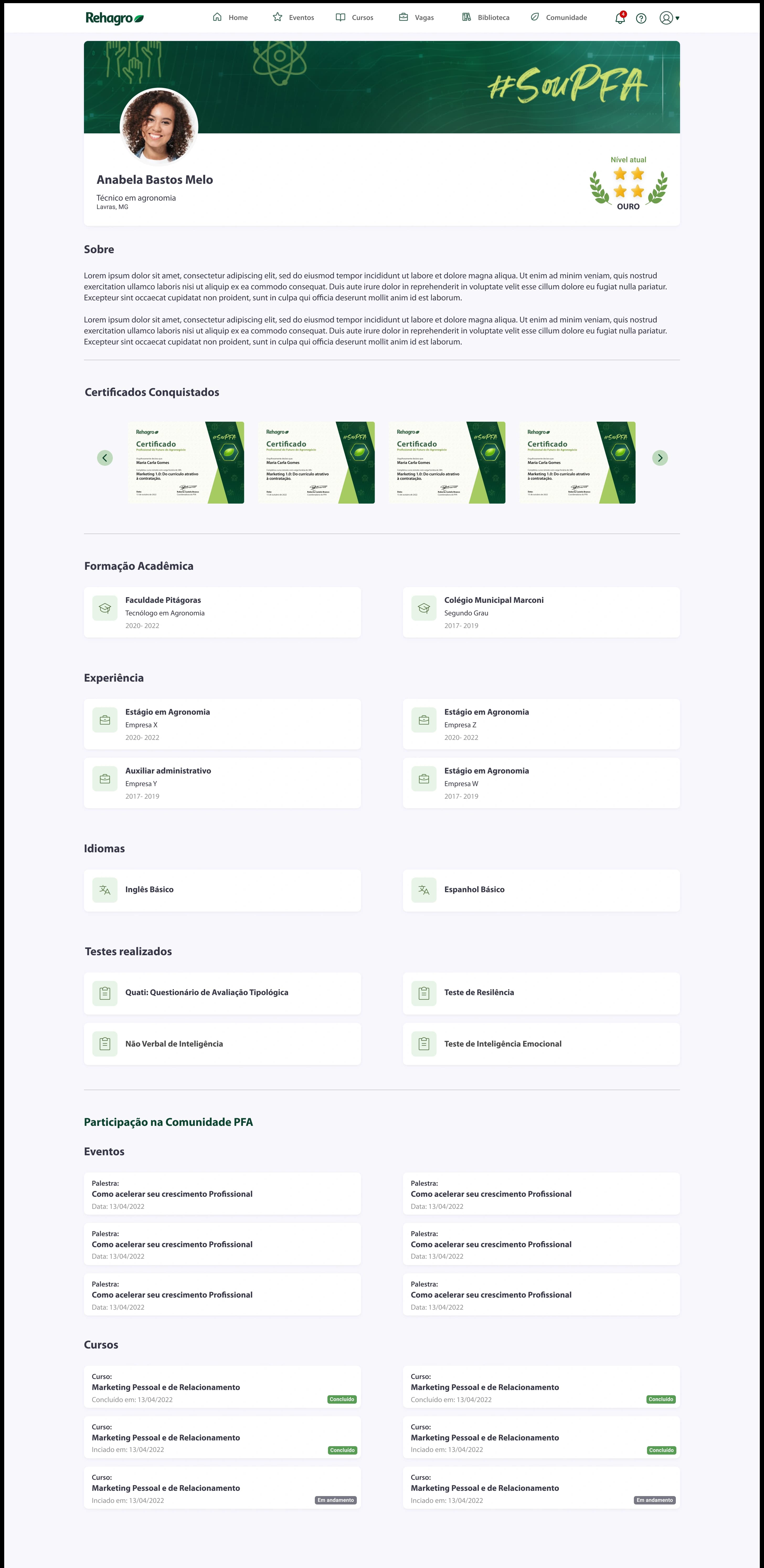 Tela de perfil do aluno, com certificados conquistados, formação acadêmica, experiência, idiomas e participação na comunidade PFA.