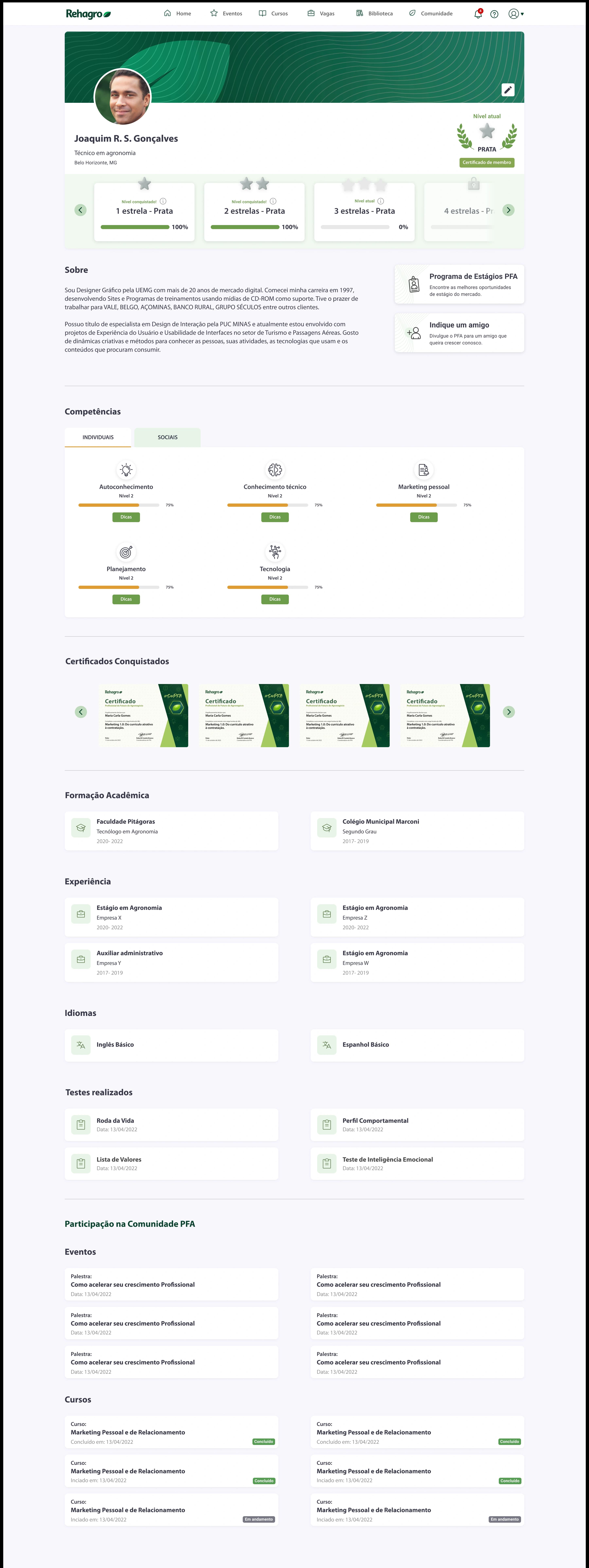 Variante da tela de perfil do aluno, com nível de gamificação, competências em progresso e certificados conquistados.