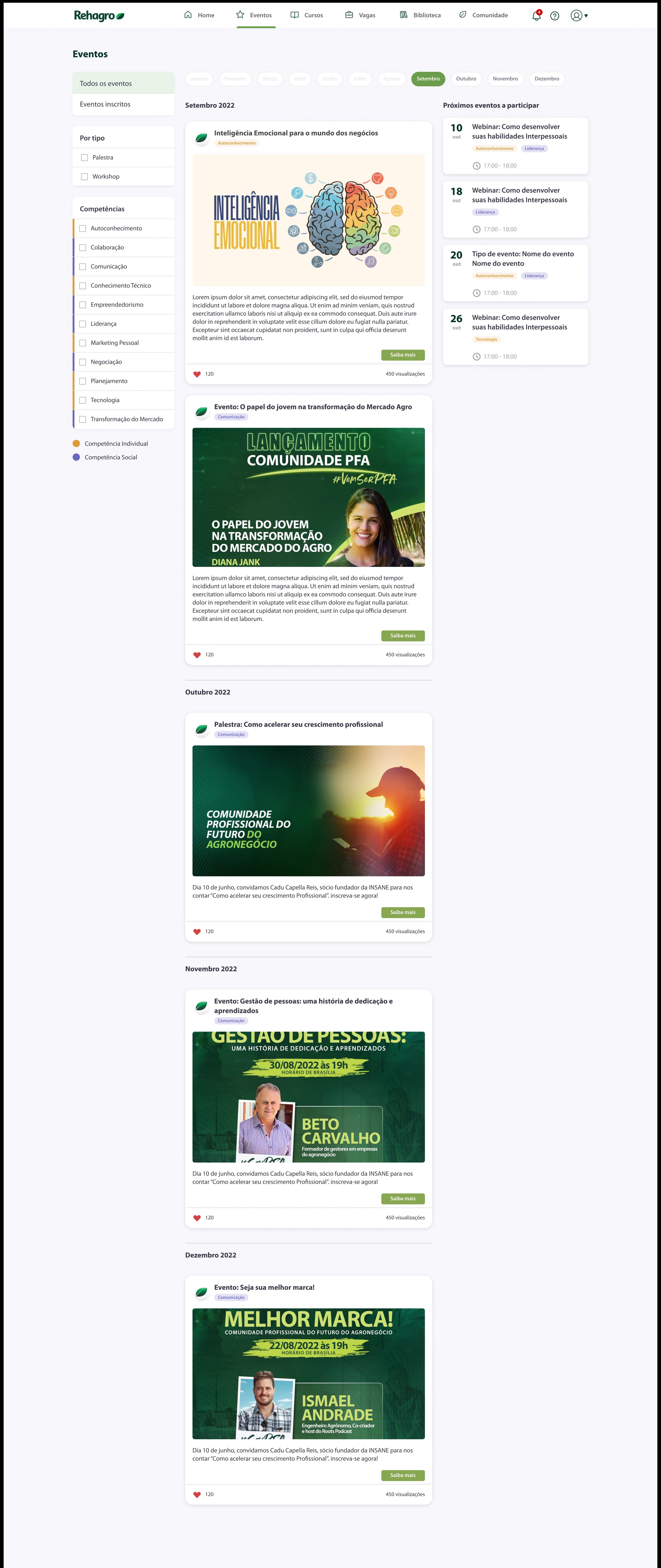 Tela de Eventos, com filtro por competência e listagem de eventos organizados por mês.