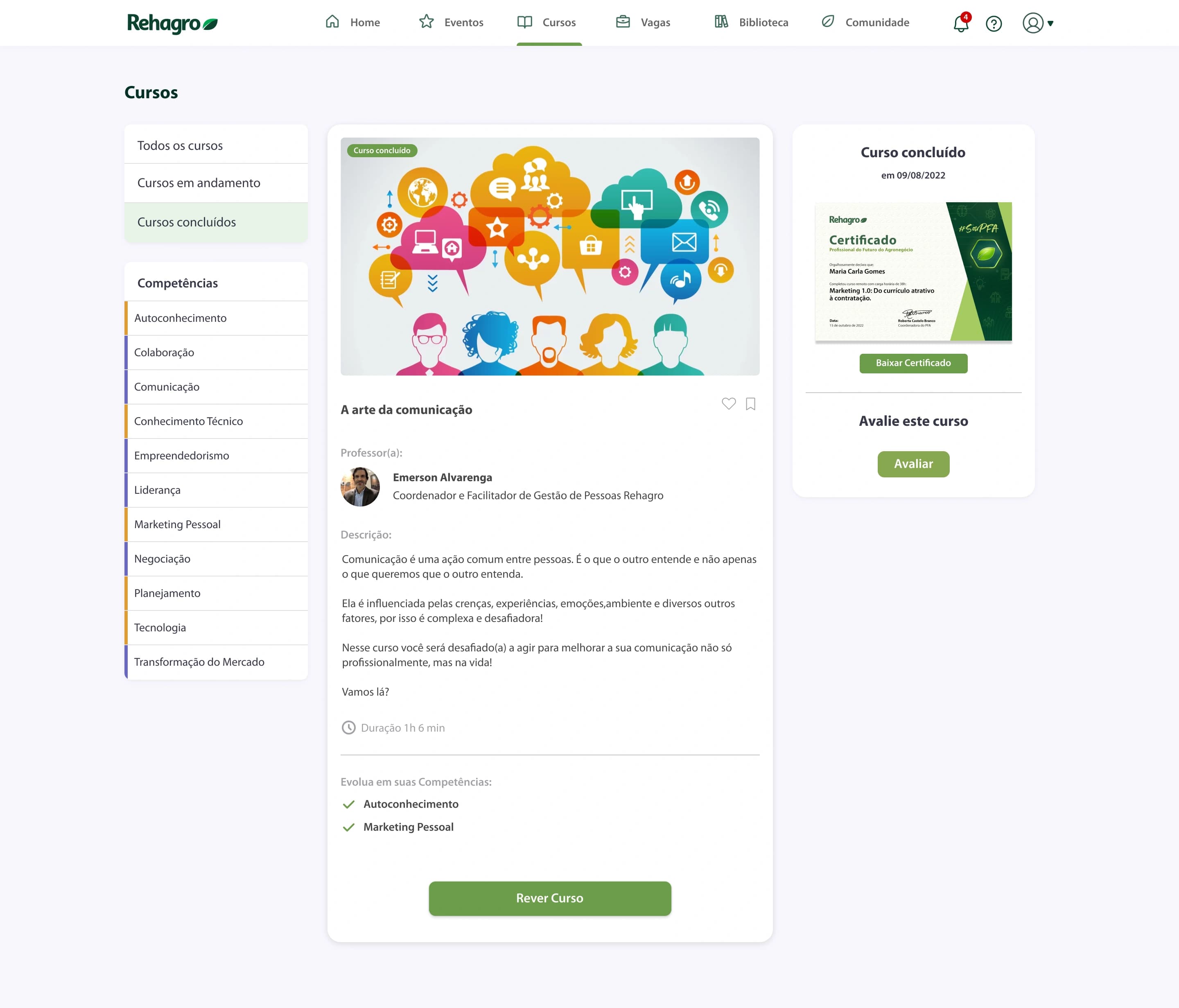 Página de um curso concluído, com painel do certificado conquistado e opção de avaliar o curso.