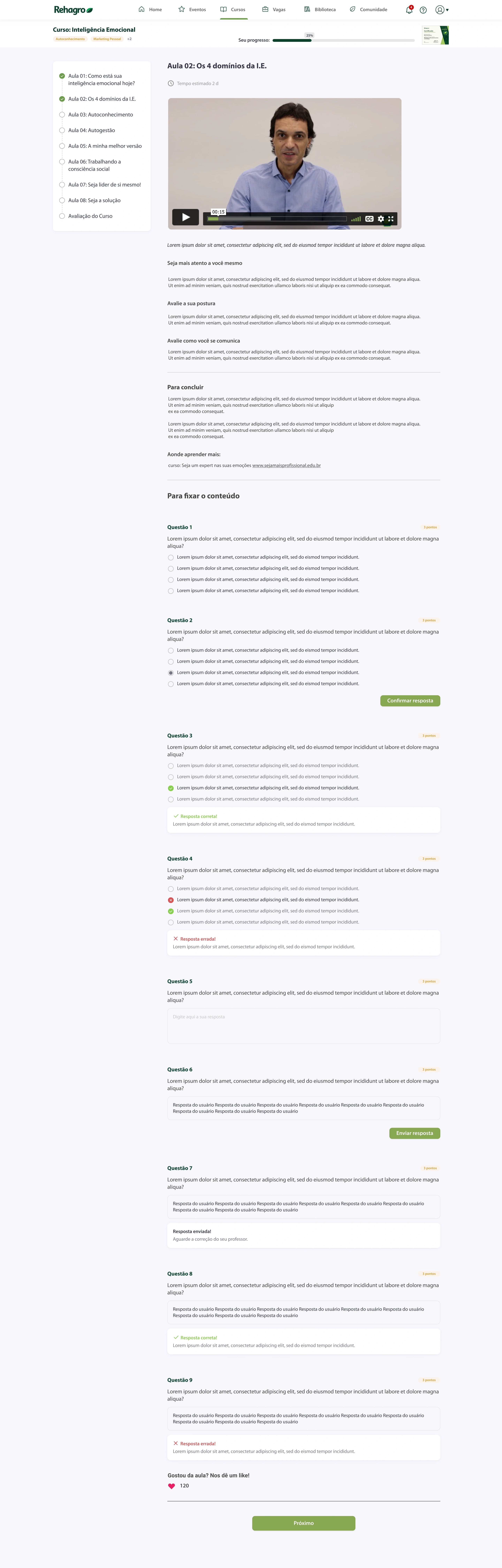 Tela de uma aula em andamento, com vídeo, lista de aulas do curso e questionário de fixação do conteúdo.