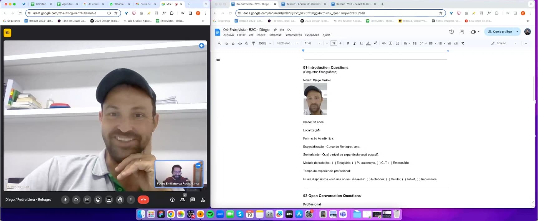 Captura de tela de entrevista em videochamada com Diego Finkler, com roteiro de perguntas ao lado no Google Docs.