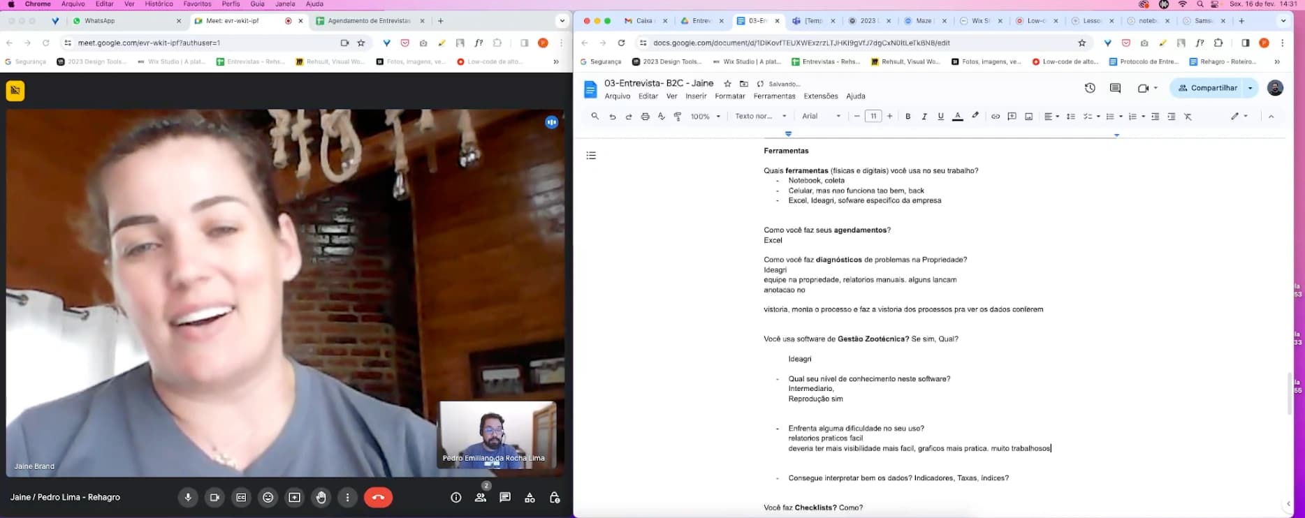 Captura de tela de entrevista em videochamada com Jaine, com roteiro de perguntas sobre ferramentas e diagnóstico ao lado.