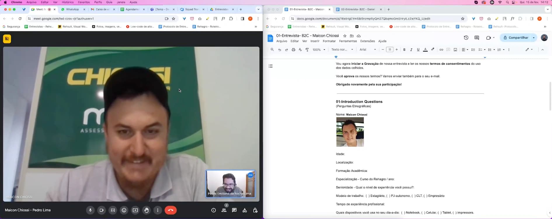 Captura de tela de entrevista em videochamada com Maicon Chiossi, com roteiro de introdução da entrevista ao lado.