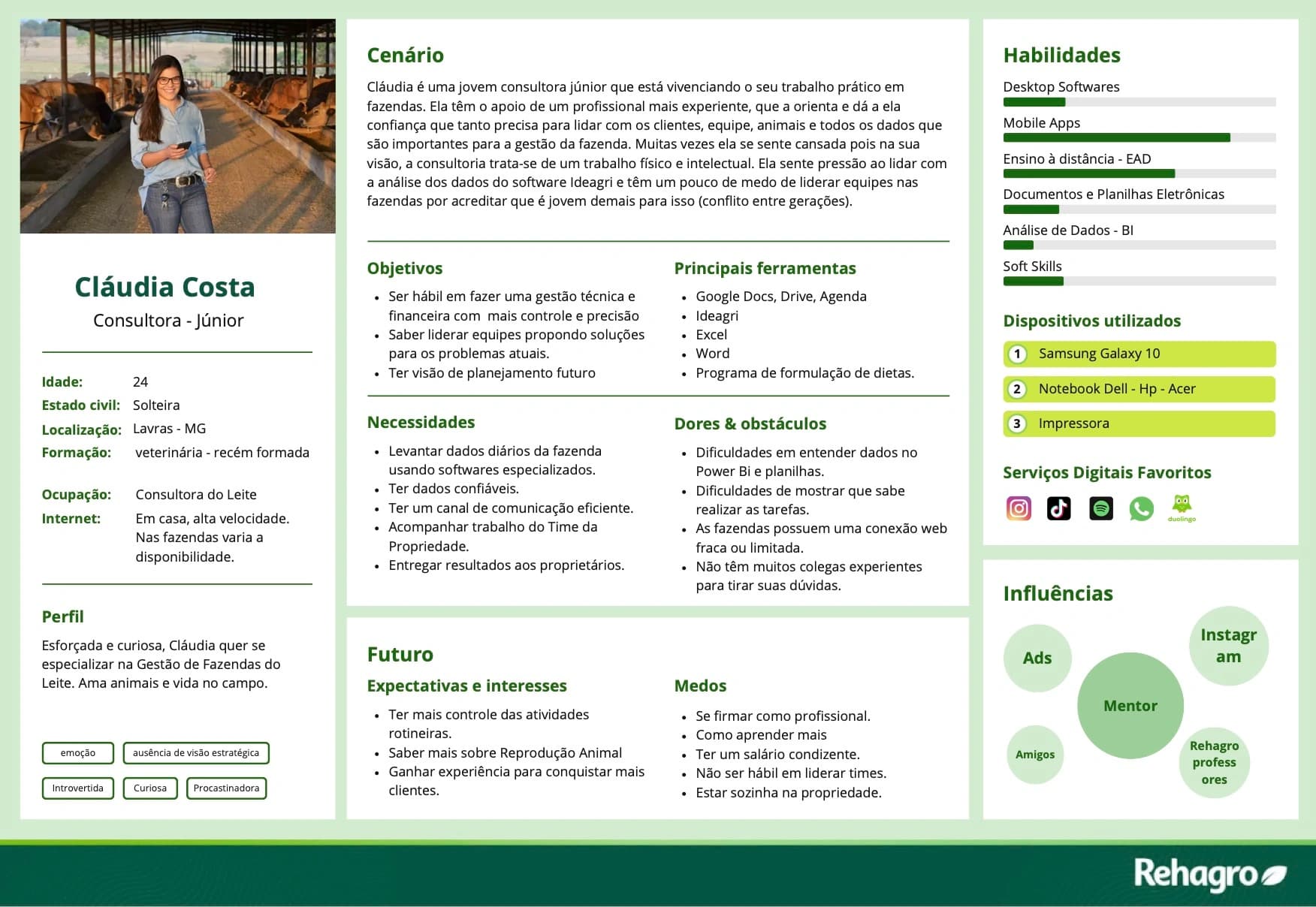 Ficha de persona 'Cláudia Costa', consultora júnior, com cenário, objetivos, necessidades e dores detalhados.