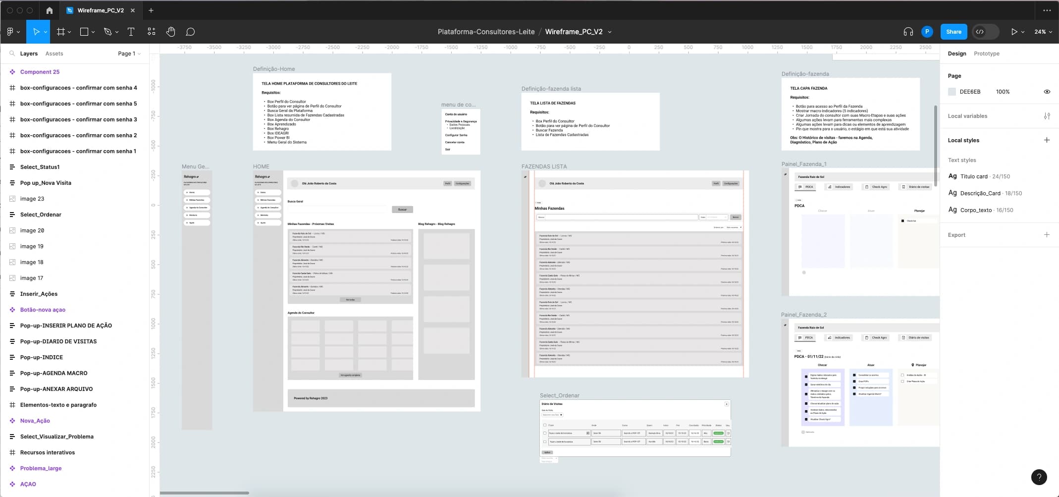 Tela do Figma com wireframes do MVP: telas de Home, lista de fazendas e capa da fazenda.