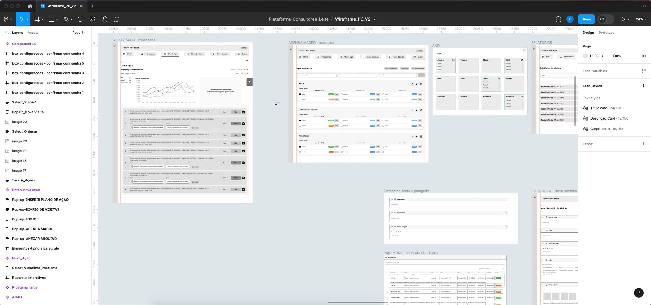 Tela do Figma com wireframes das telas de CheckAgro, agenda macro e relatórios de visitas do MVP.