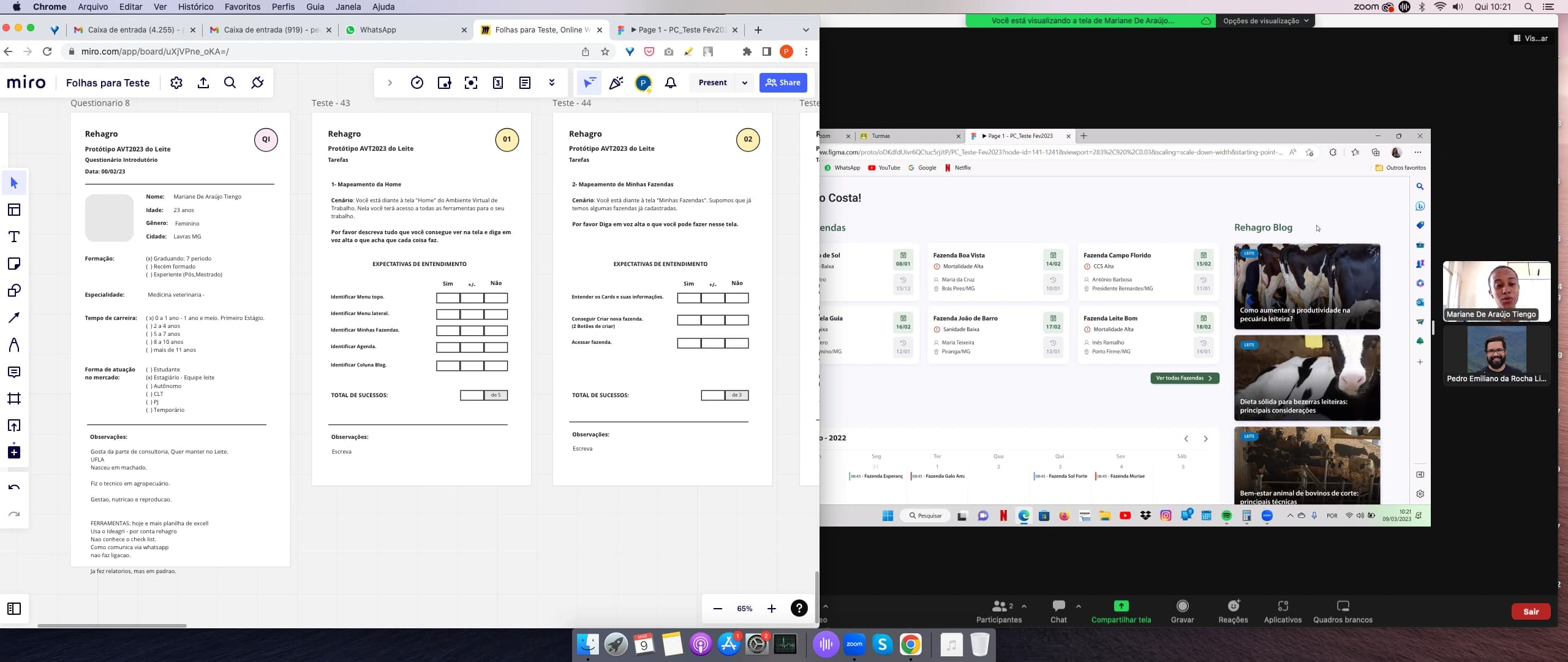 Captura de tela de sessão on-line de teste de usabilidade, com formulário no Miro e protótipo do Figma compartilhado.