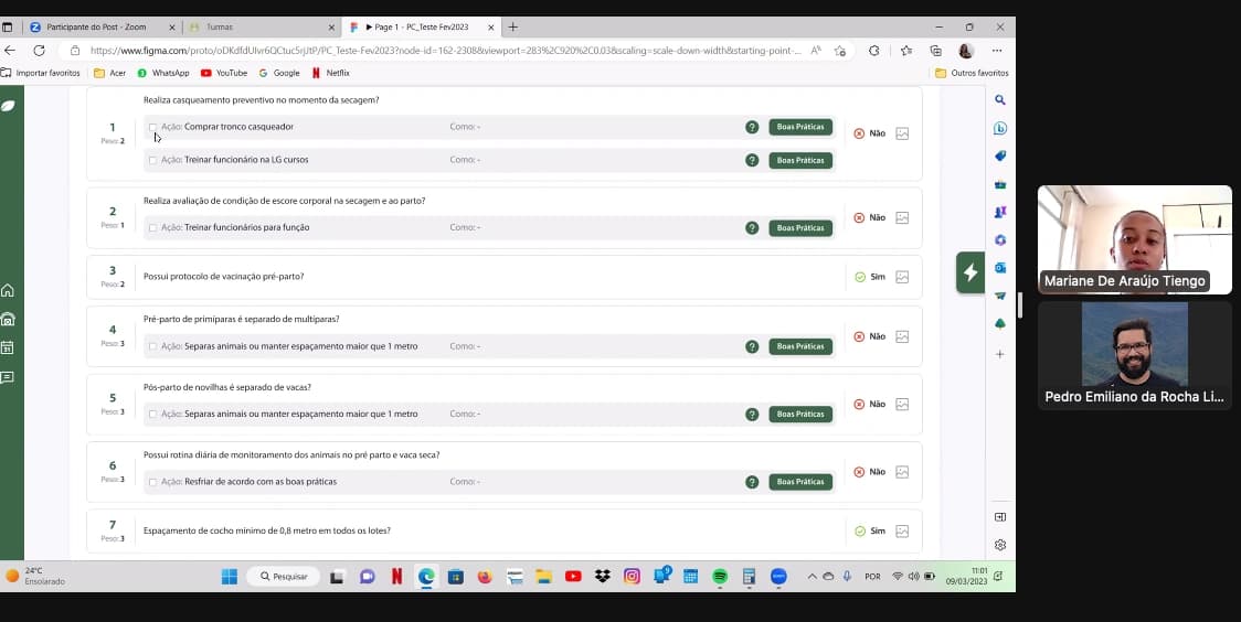 Captura de tela de teste de usabilidade em videochamada, com protótipo do checklist CheckAgro aberto no Figma.