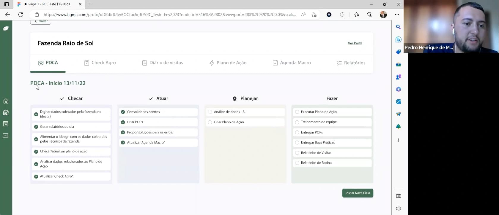 Captura de tela de teste de usabilidade em videochamada, com protótipo do painel PDCA da fazenda aberto no Figma.
