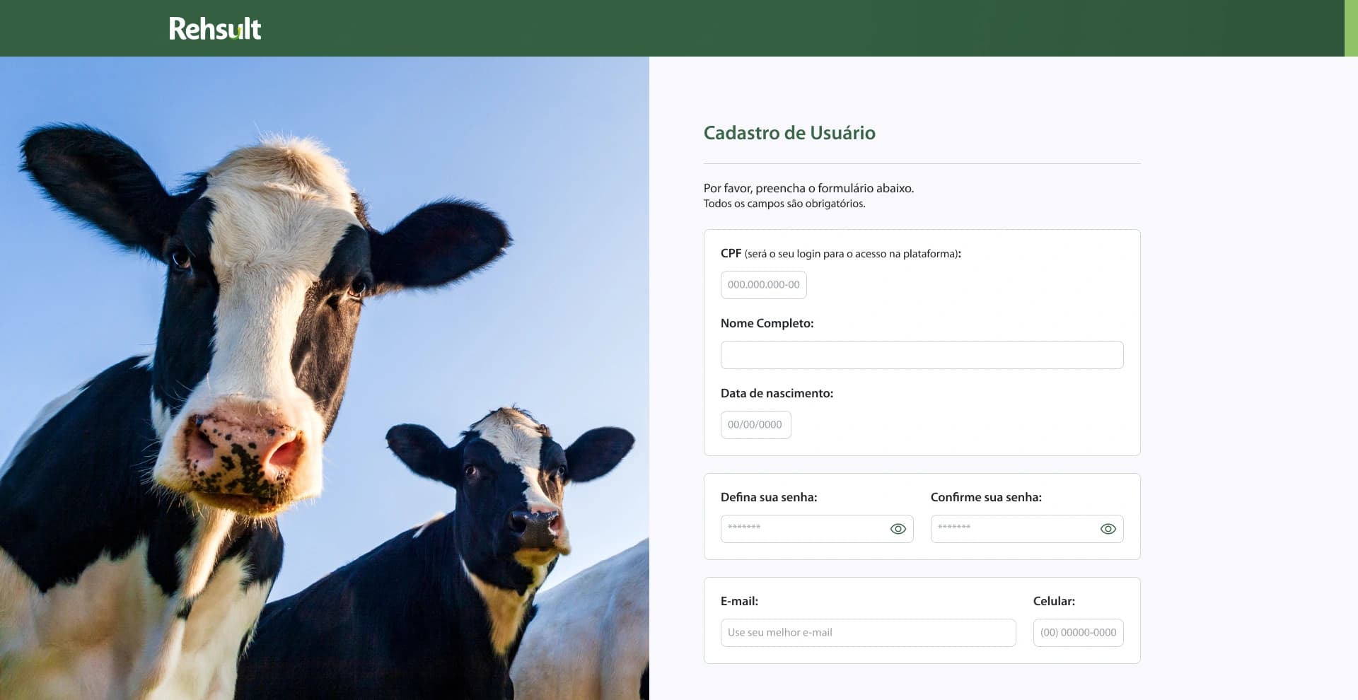 Tela de cadastro de usuário do Rehsult, com foto de vacas ao lado e formulário de CPF, nome e senha.