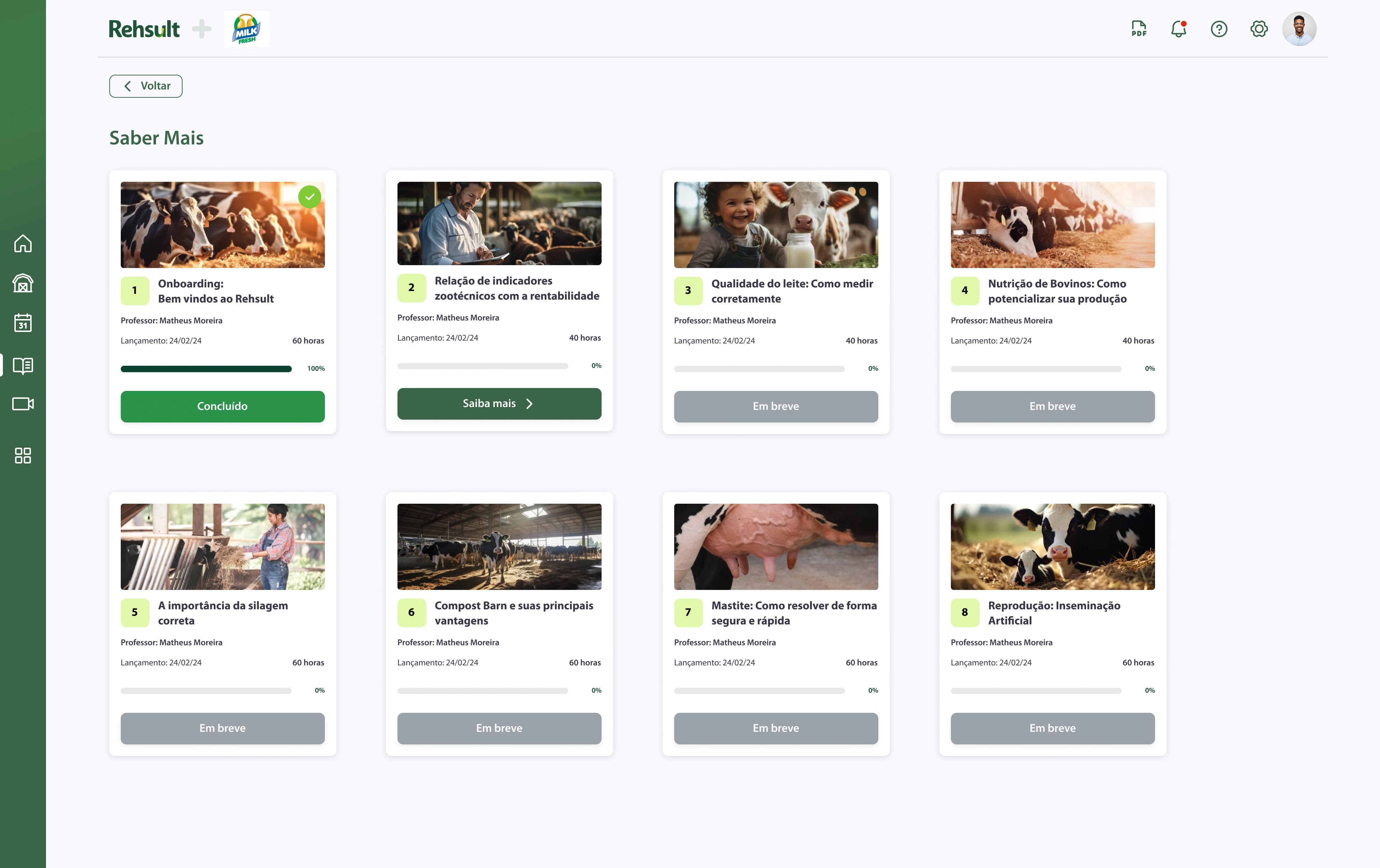 Tela do E-learning Saber Mais com grade de cursos sobre pecuária leiteira e progresso de cada um.
