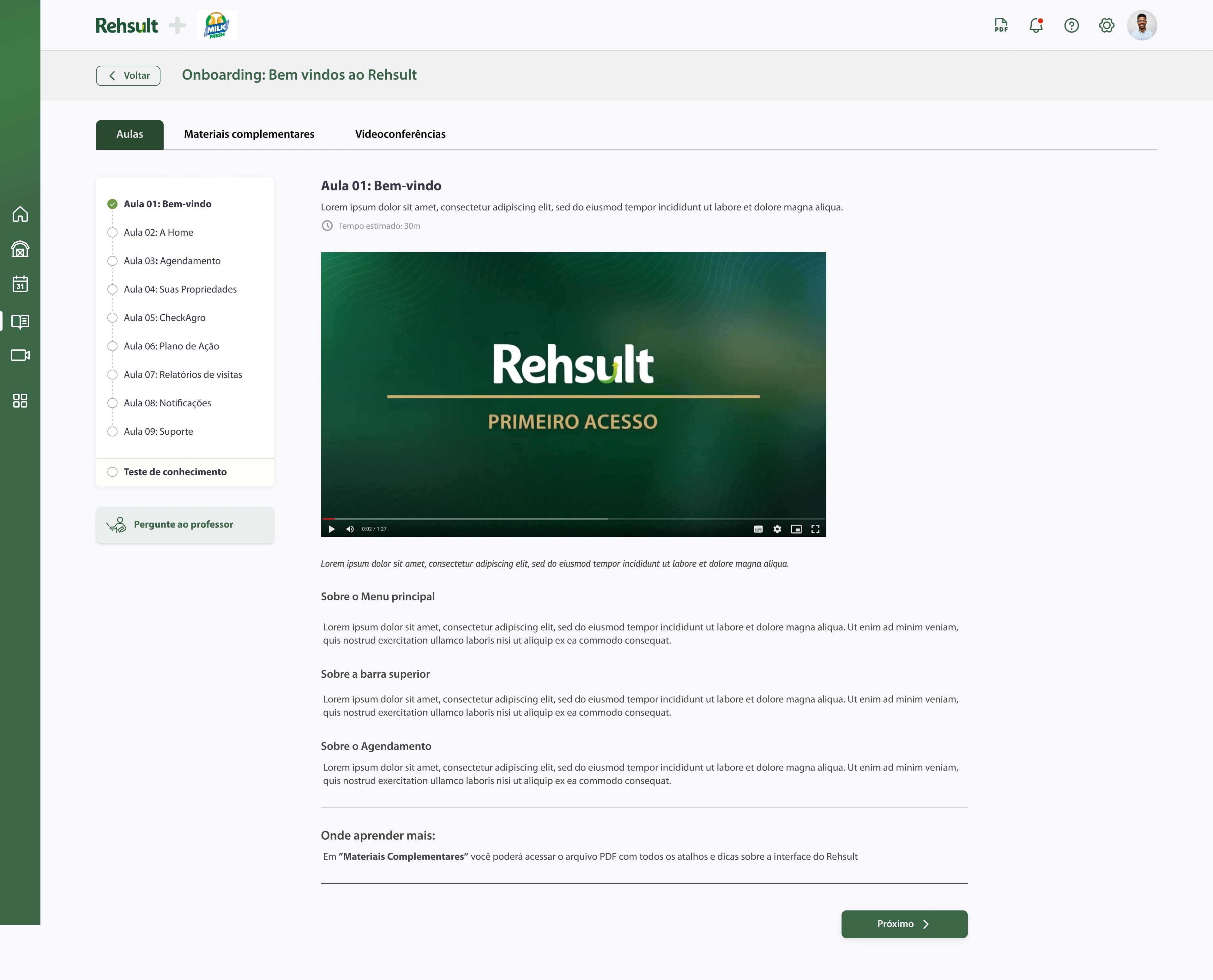 Tela de aula do curso Onboarding no E-learning Saber Mais, com lista de aulas e player de vídeo.