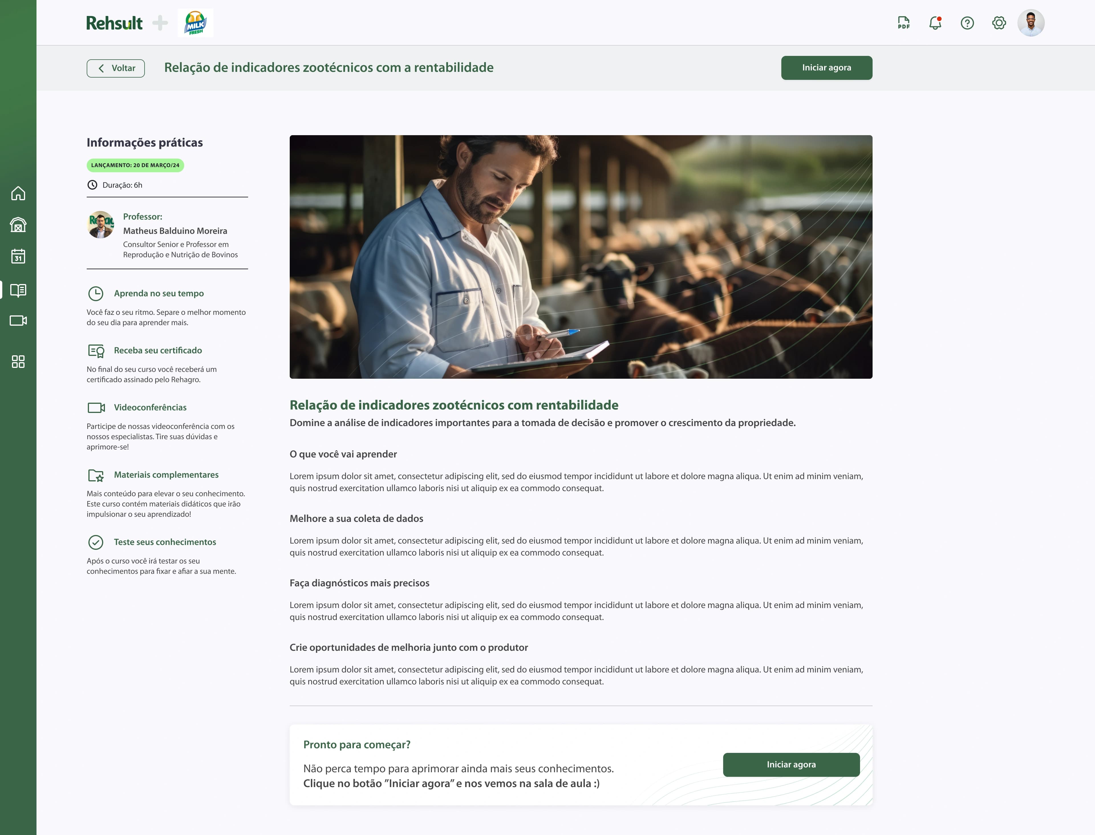 Tela de apresentação de curso no E-learning Saber Mais, com informações práticas, professor e botão para iniciar.