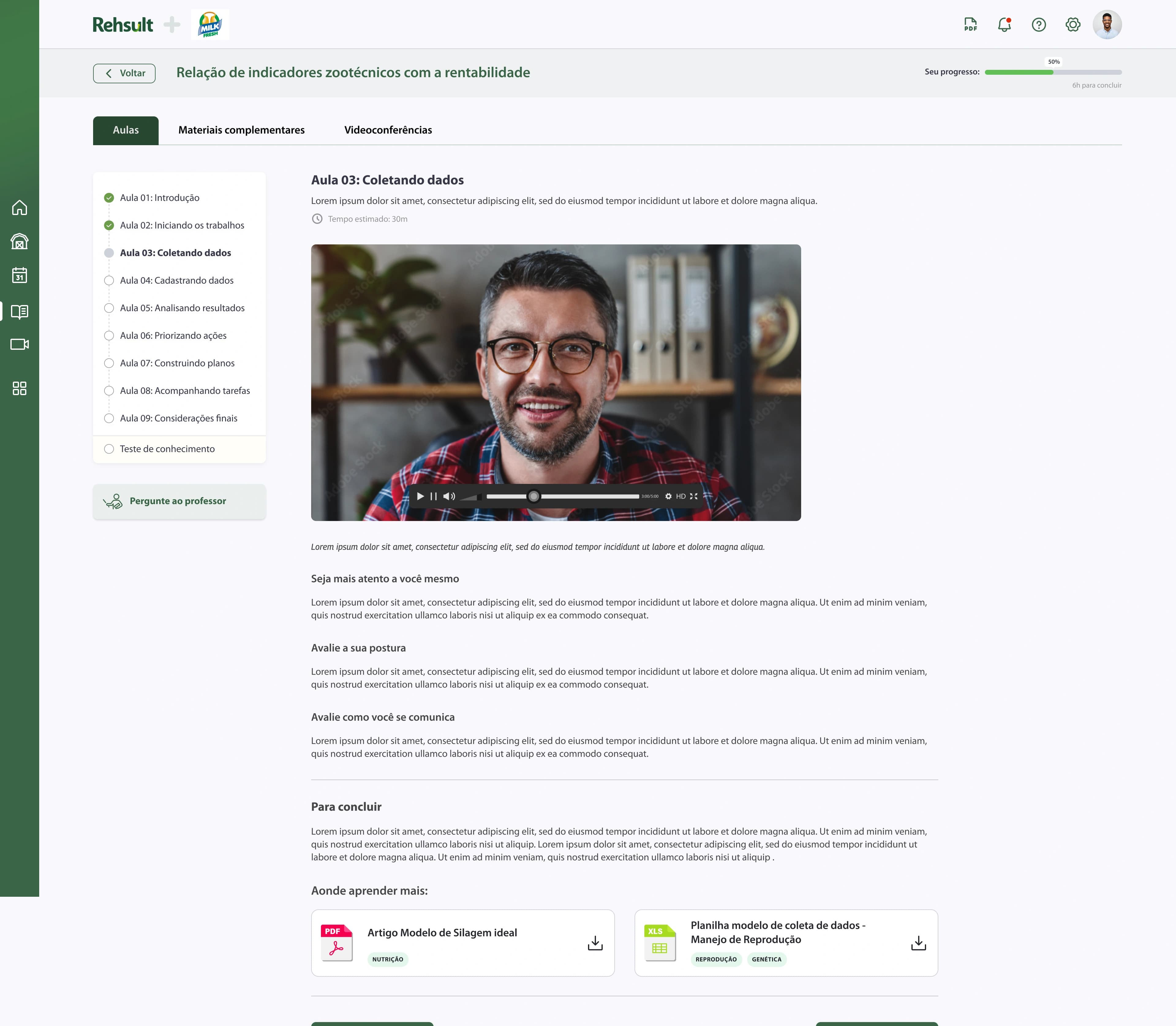 Tela de aula em vídeo do curso no E-learning Saber Mais, com progresso do aluno e materiais complementares para download.