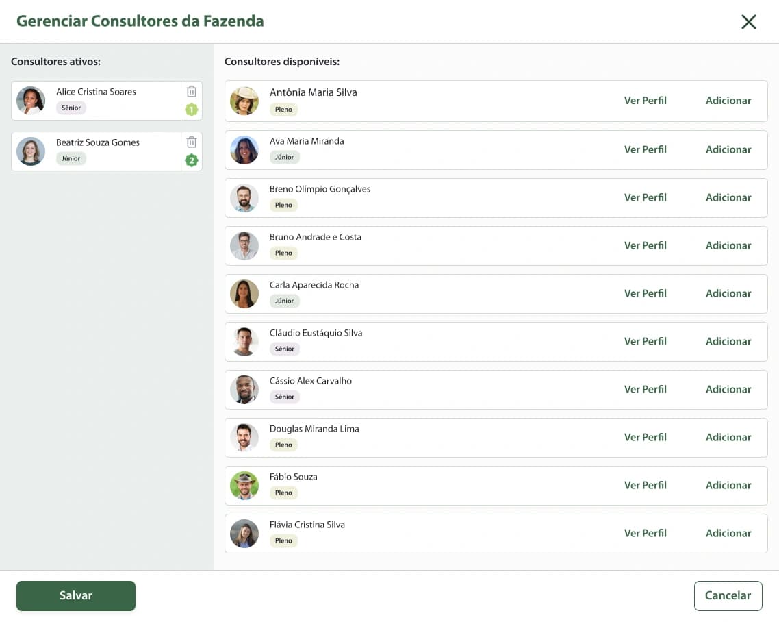 Tela de gerenciamento de consultores da fazenda no painel administrativo, com listas de consultores ativos e disponíveis.