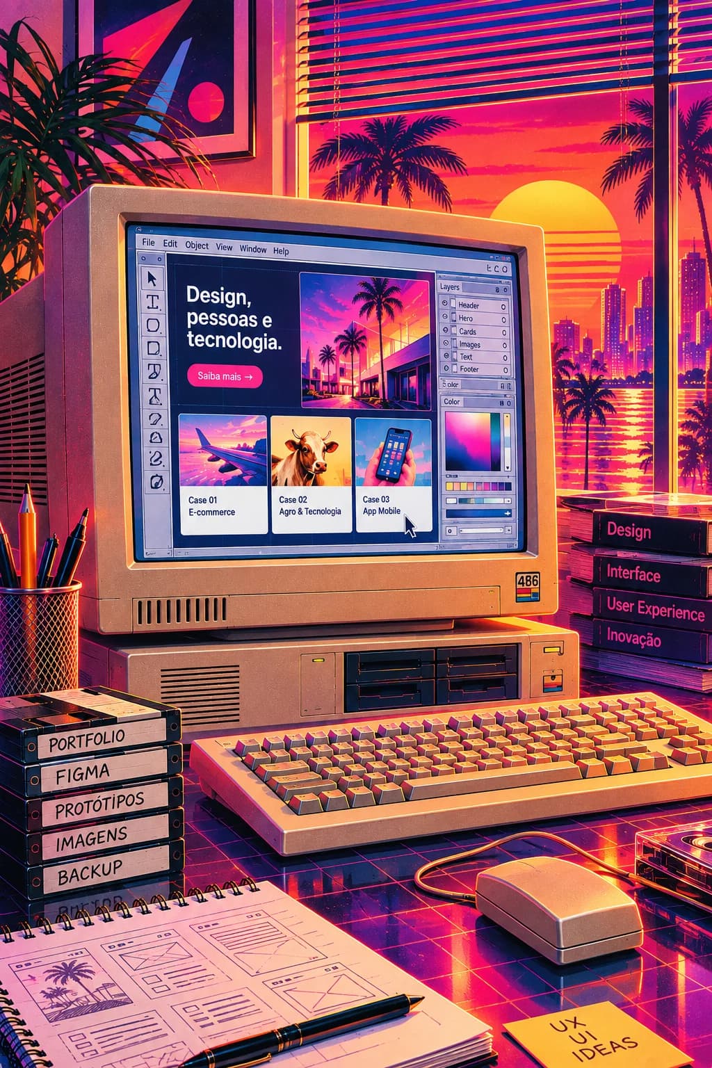 Computador retrô exibindo uma interface de design em cenário inspirado nos anos 80