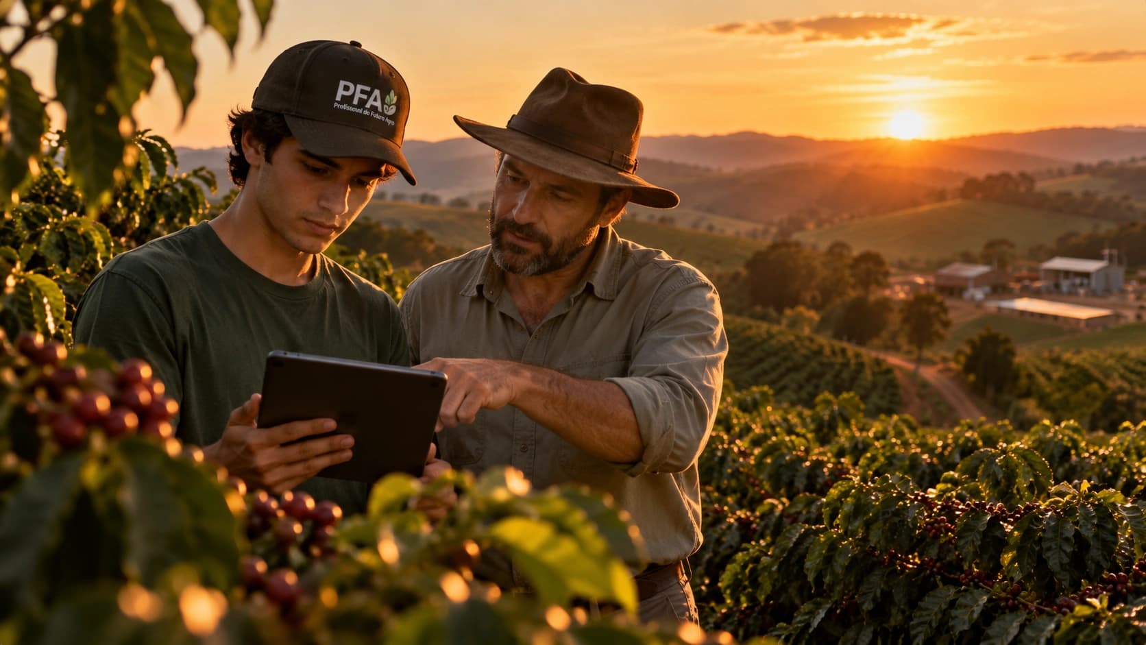 Jovem profissional aprendendo com um mentor em uma fazenda de café durante o golden hour.