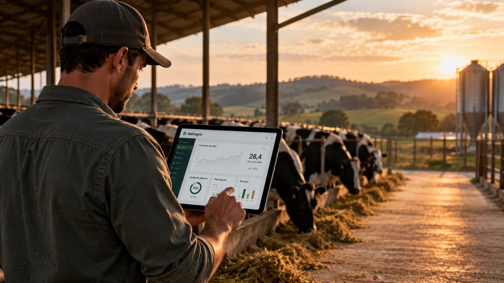 Ambiente de pecuária leiteira com uso de tecnologia e dados na gestão da fazenda.